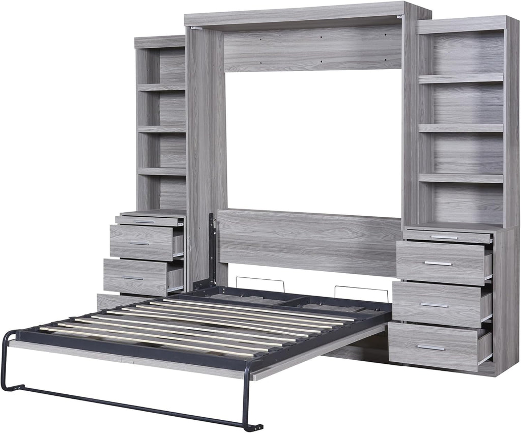 Full Murphy Bed with Bookcase Shelves and 6 Drawers,Metal & Pine Wood Folding Murphy Wall Bed Cabinet for Adults