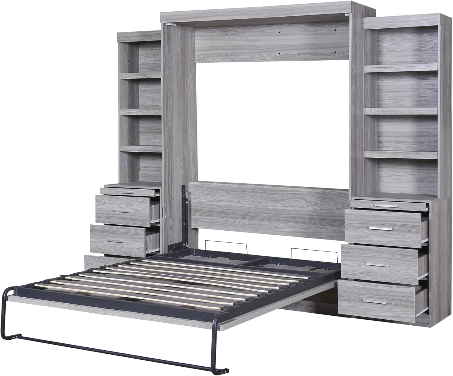 Full Murphy Bed with Bookcase Shelves and 6 Drawers,Metal & Pine Wood Folding Murphy Wall Bed Cabinet for Adults