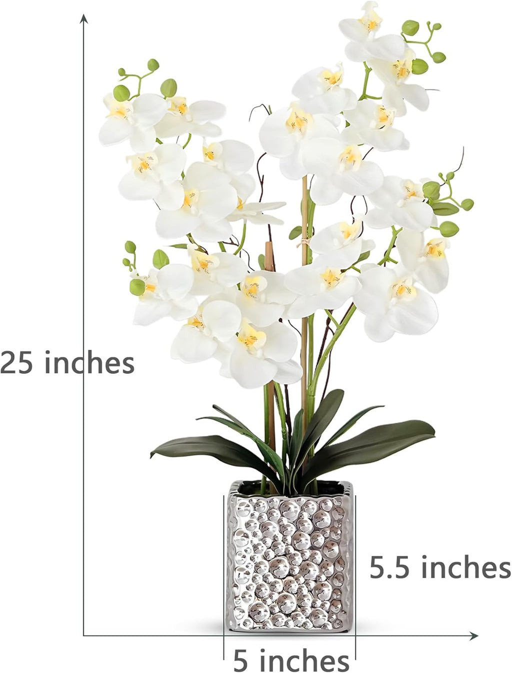SJC Orchid Artificial Flowers with Sliver Vase Large Silk Faux Phalaenopsis Flowers for Dining Room Table Floral Centerpieces Indoor Decoration,White