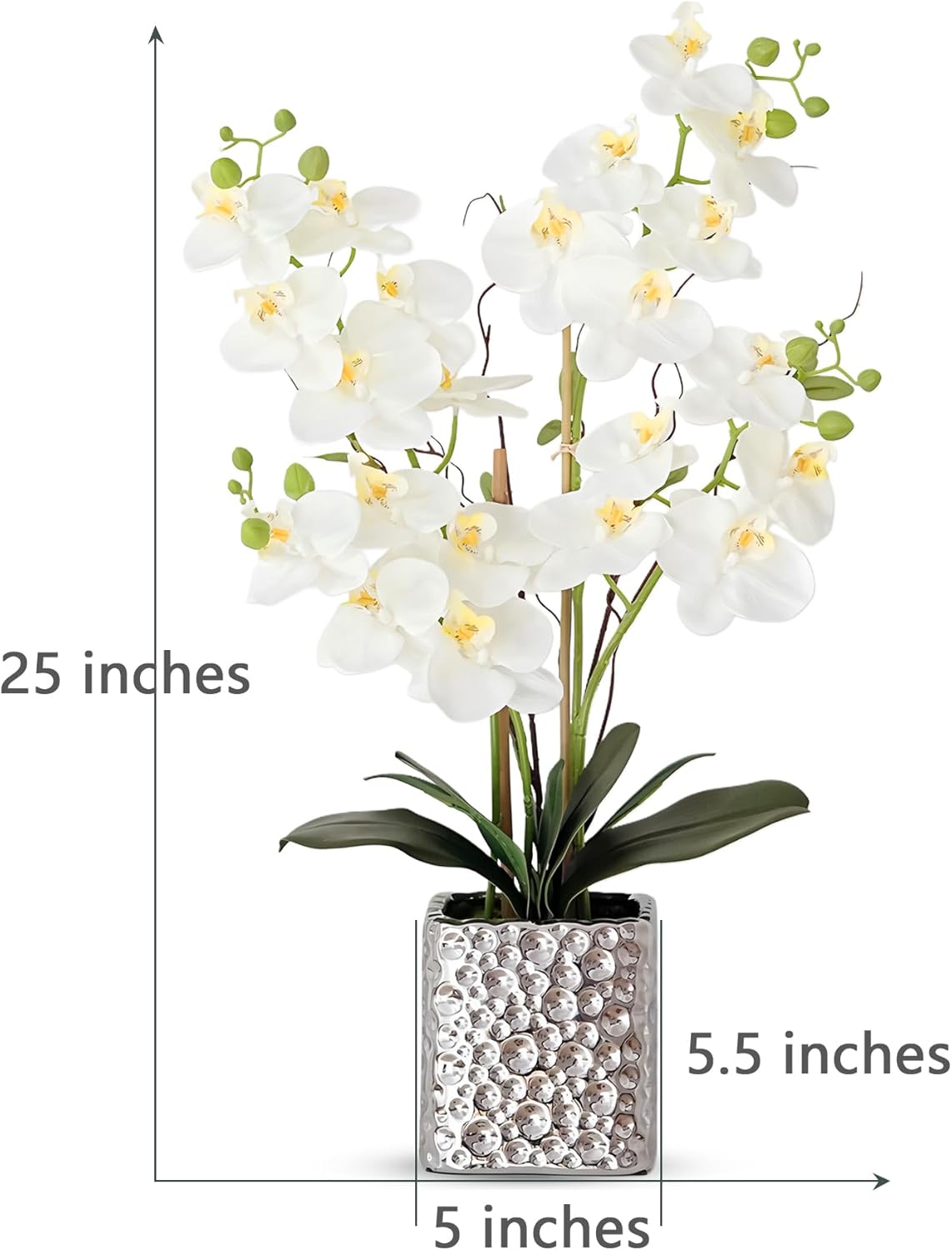 SJC Orchid Artificial Flowers with Sliver Vase Large Silk Faux Phalaenopsis Flowers for Dining Room Table Floral Centerpieces Indoor Decoration,White