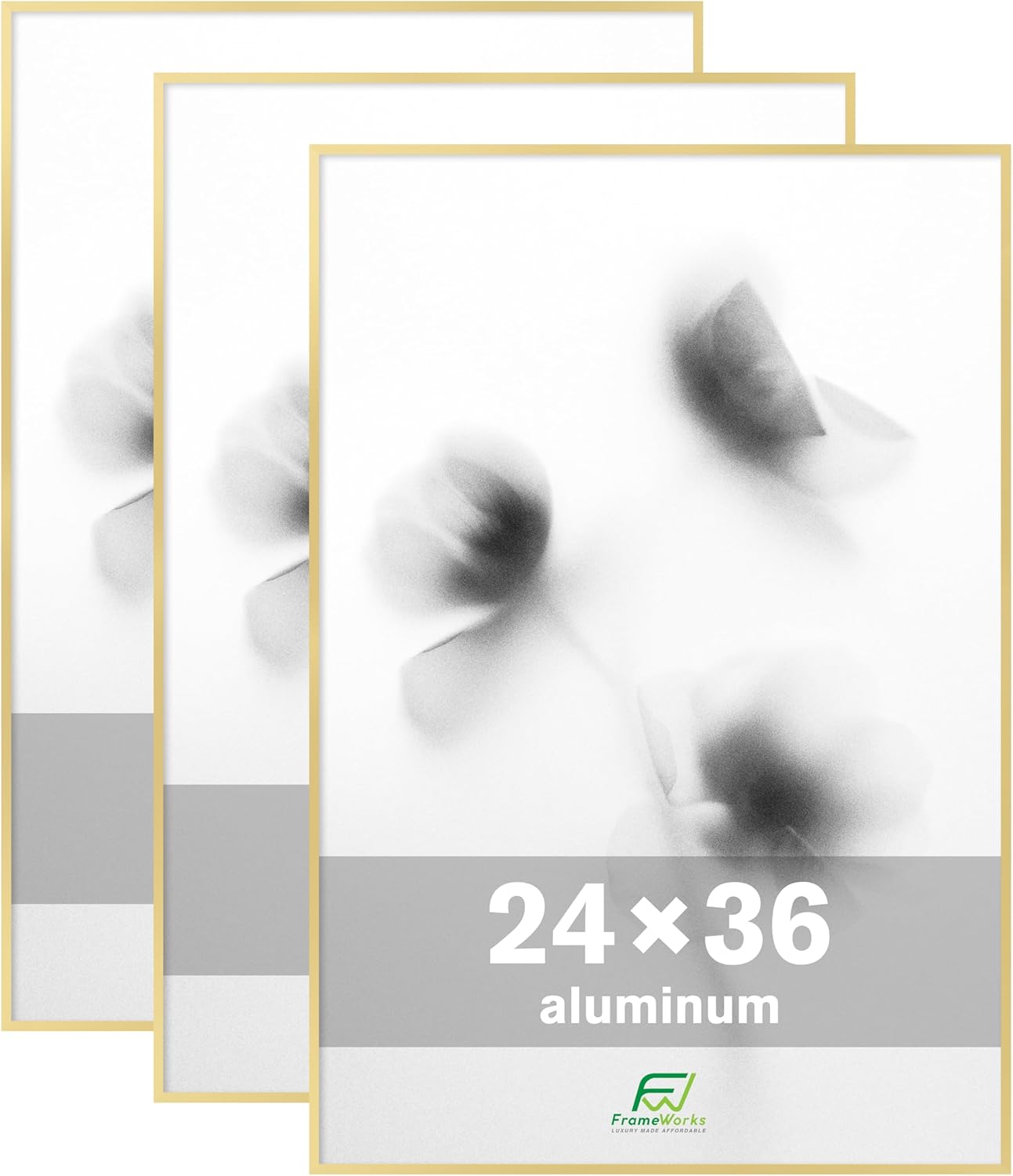 FrameWorks 24x36 Brushed Aluminum Poster Frames – Modern Brushed Metal Design w/Shatterproof Plexiglass, Perfect for Posters, Artwork, Paintings, Wall Displays – Home or Office Decor, Gold - 3 Pack