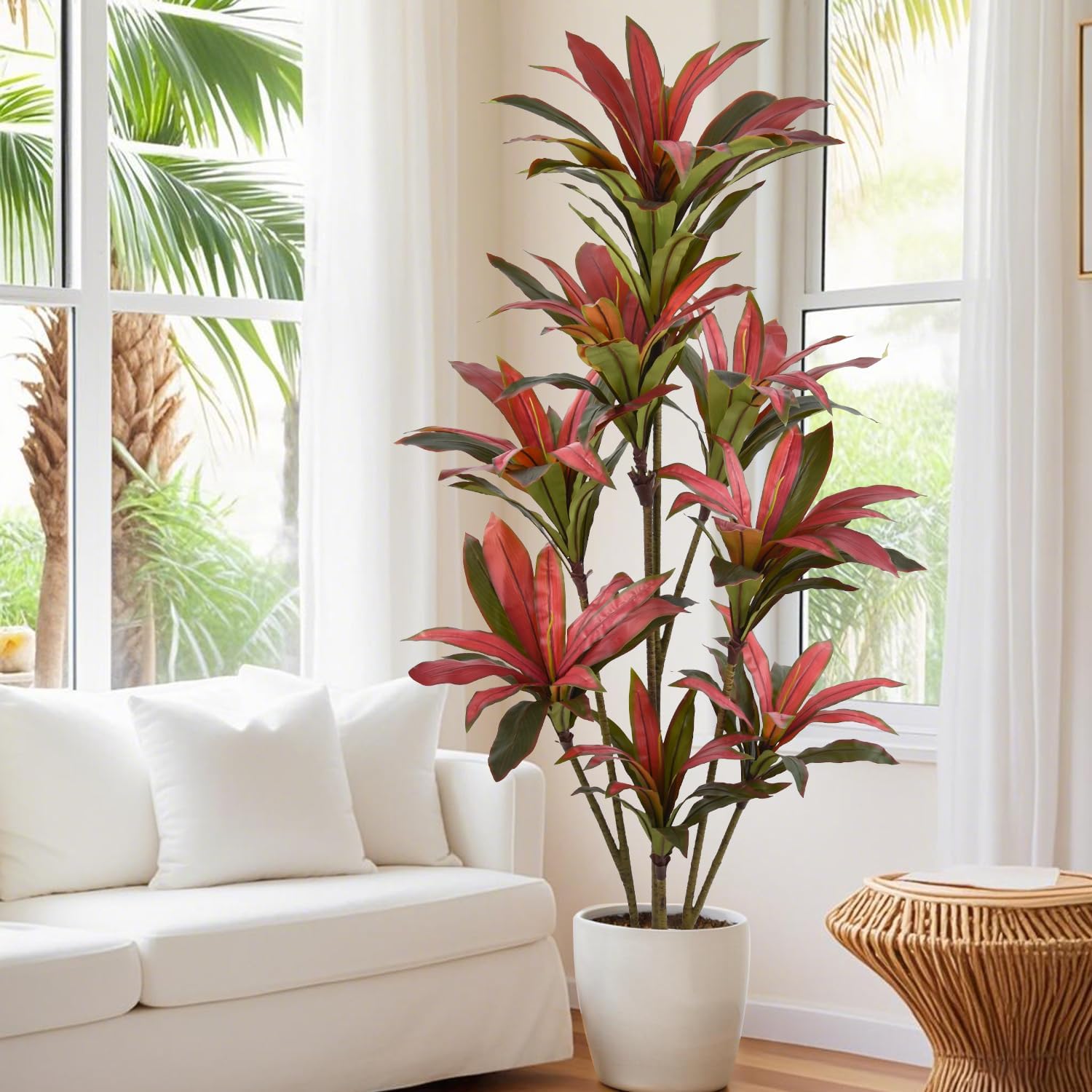 Artificial Dracaena Tree 6ft(72in) Tall Large Faux Fall Plants with Realistic Trunks and Red Leaves, Fake Floor Potted Artificial Plants for Home Office Indoor Decor (6feet,1Pack)