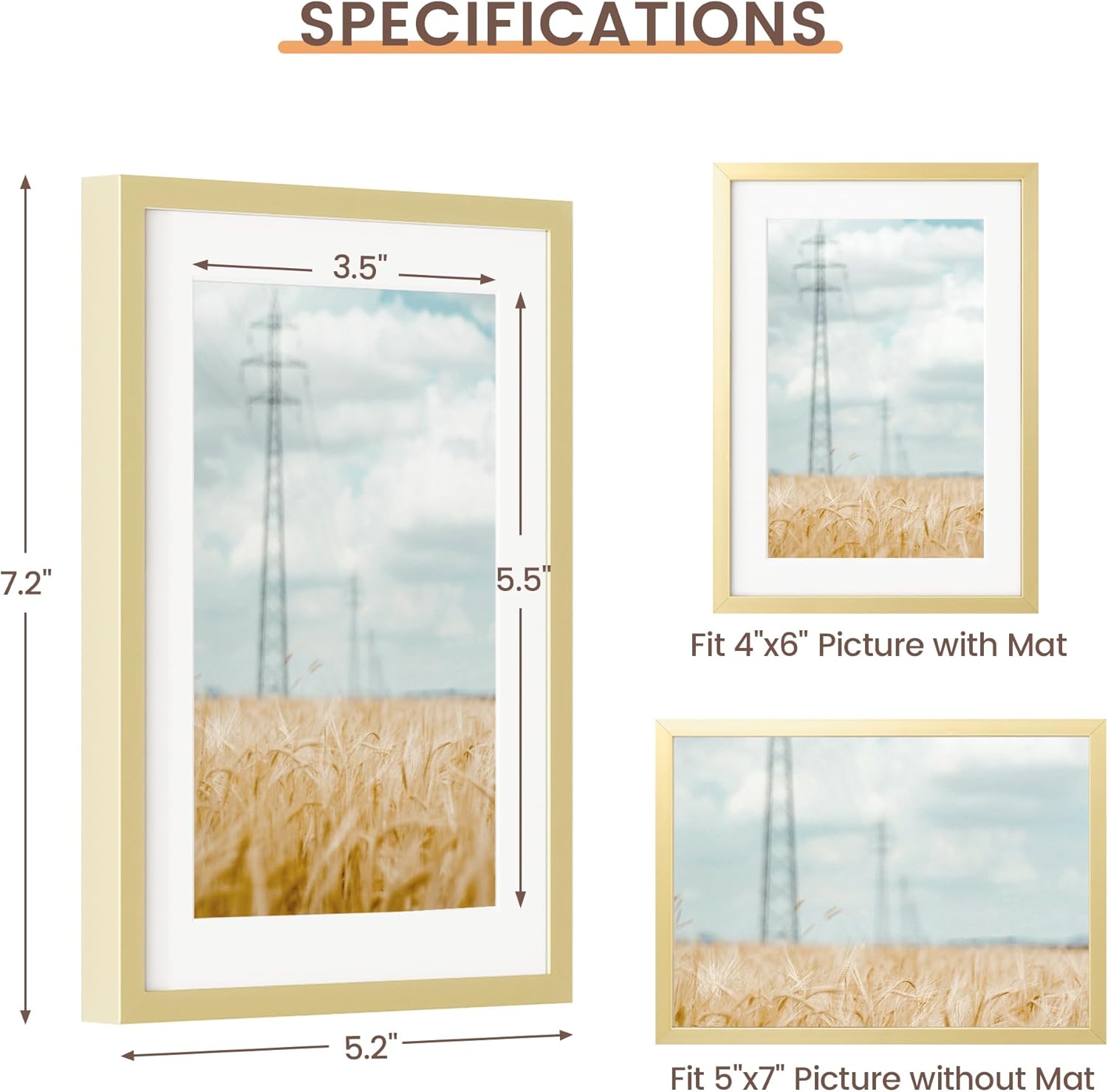Fun Memories 5x7 Metal Picture Frame - 5 x 7 Metal Photo Frames with 4x6 Removable Mat- Ideal for Wall or Tabletop Display - Wall Hook Hanging Hardware Included (Gold, 1 Pack)