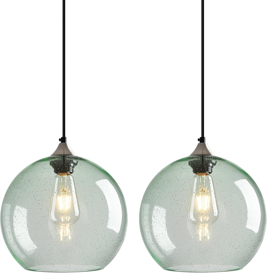 Light Green Glass Pendant Lights Kitchen Island Globe Pendant Light Fixtures Modern Pendant Lighting for Bedroom Living Dining Room Light Fixture (9.84 in, 2 Pack)