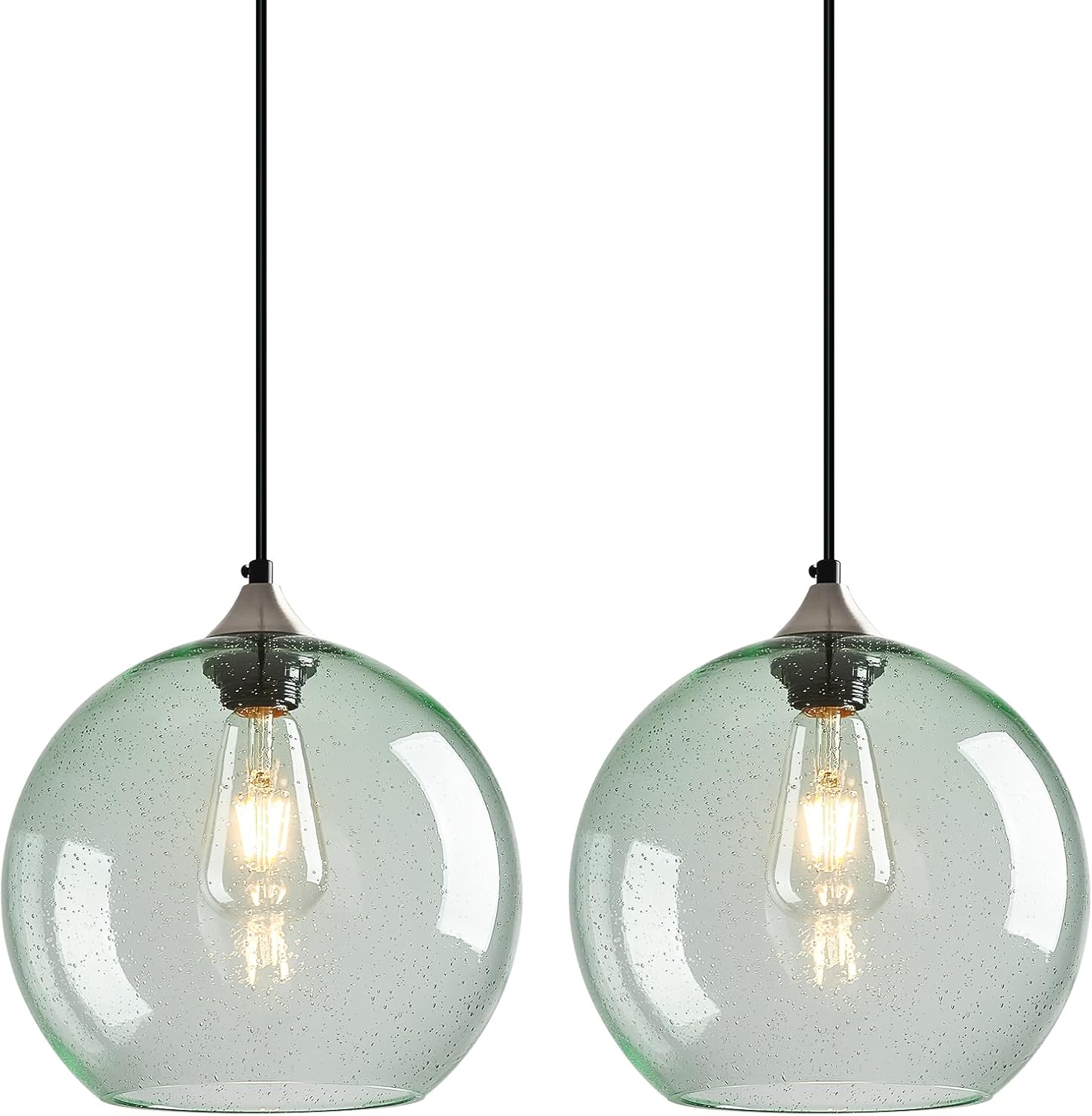 Light Green Glass Pendant Lights Kitchen Island Globe Pendant Light Fixtures Modern Pendant Lighting for Bedroom Living Dining Room Light Fixture (9.84 in, 2 Pack)