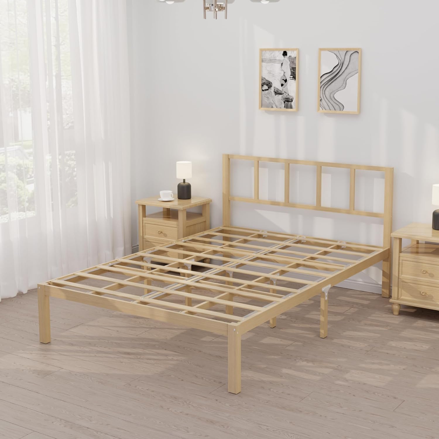14 Inch Bamboo Bed Frame – Solid Wood Platform Bed Frame, Strong and Stable, with Non-Slip Slats for Support, No Box Spring Needed, Easy to Assemble, Noise-Free (Natural with Headboard, Full)