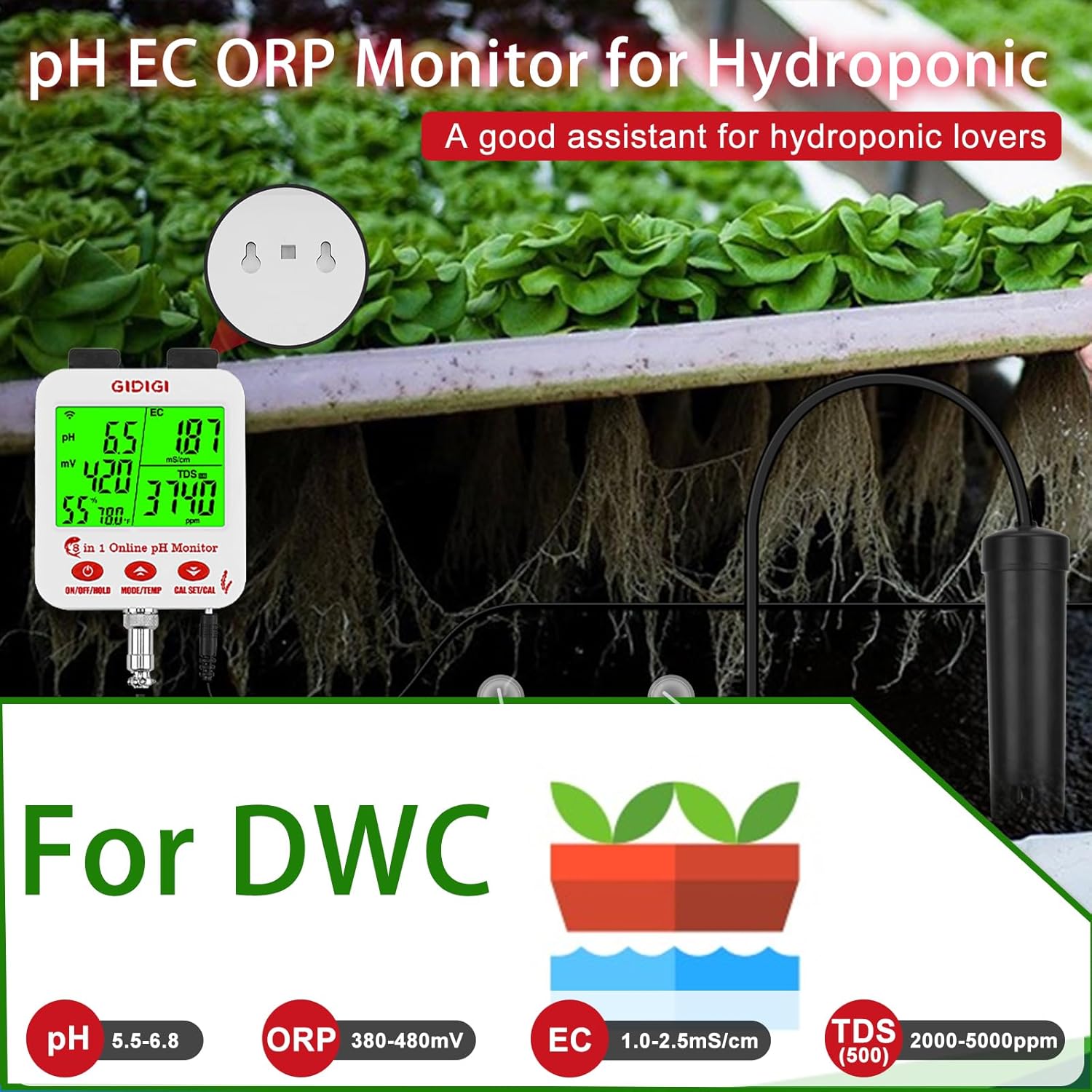 Digital pH EC Meter Smart Hydroponics pH Meter with WiFi for Real Time Large Screen with Multiple Parameters Displayed Simultaneously pH EC Monitor Salt Meter ORP Tester for Aquarium