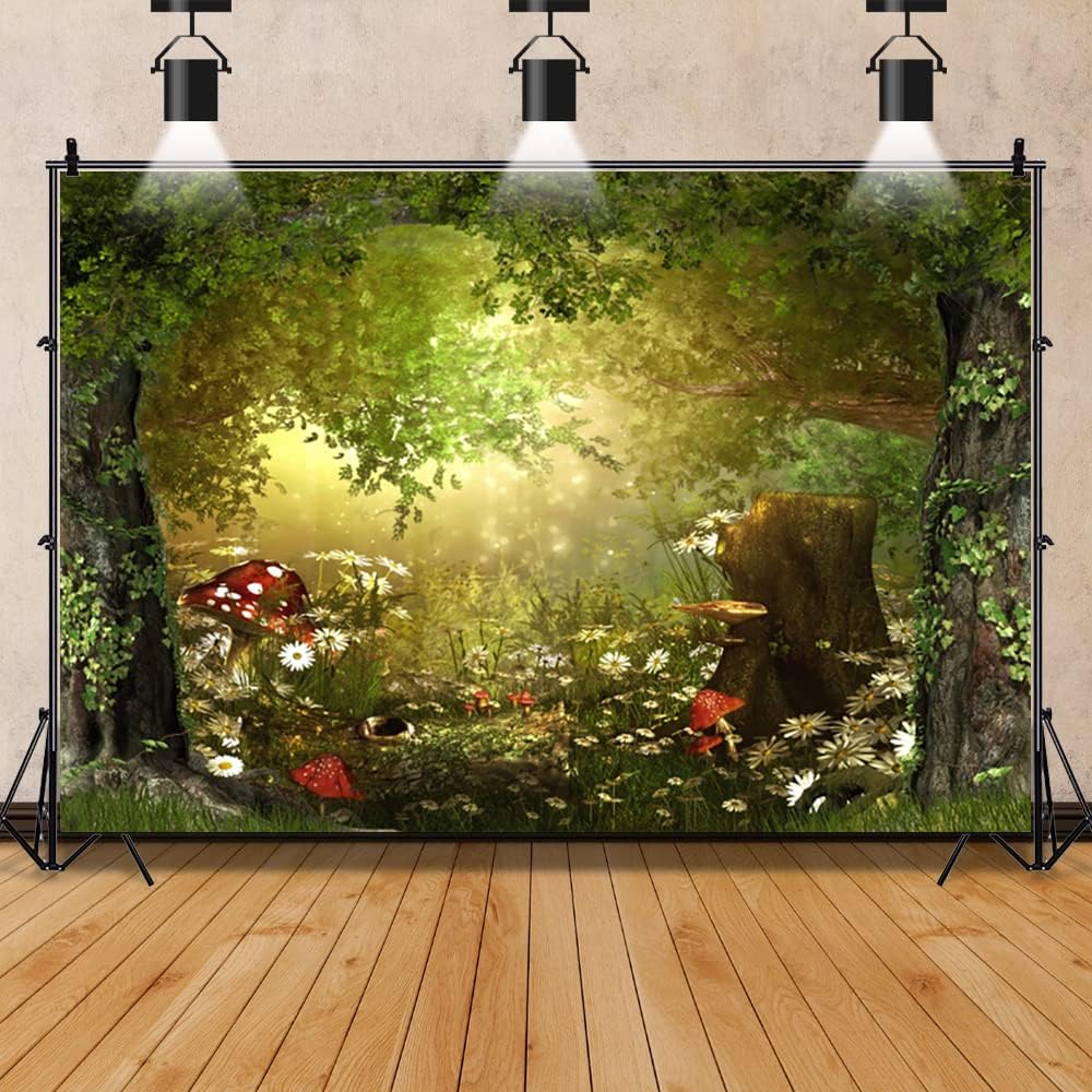 Fairy Tale Forest Wonderland Backdrops for Photography Vinyl 10x7ft Green Trees Wildflowers Daisy Mushroom Scenery Photo Background Portrait Kid Boy Girl Photoshoot Studio Prop Party Decor