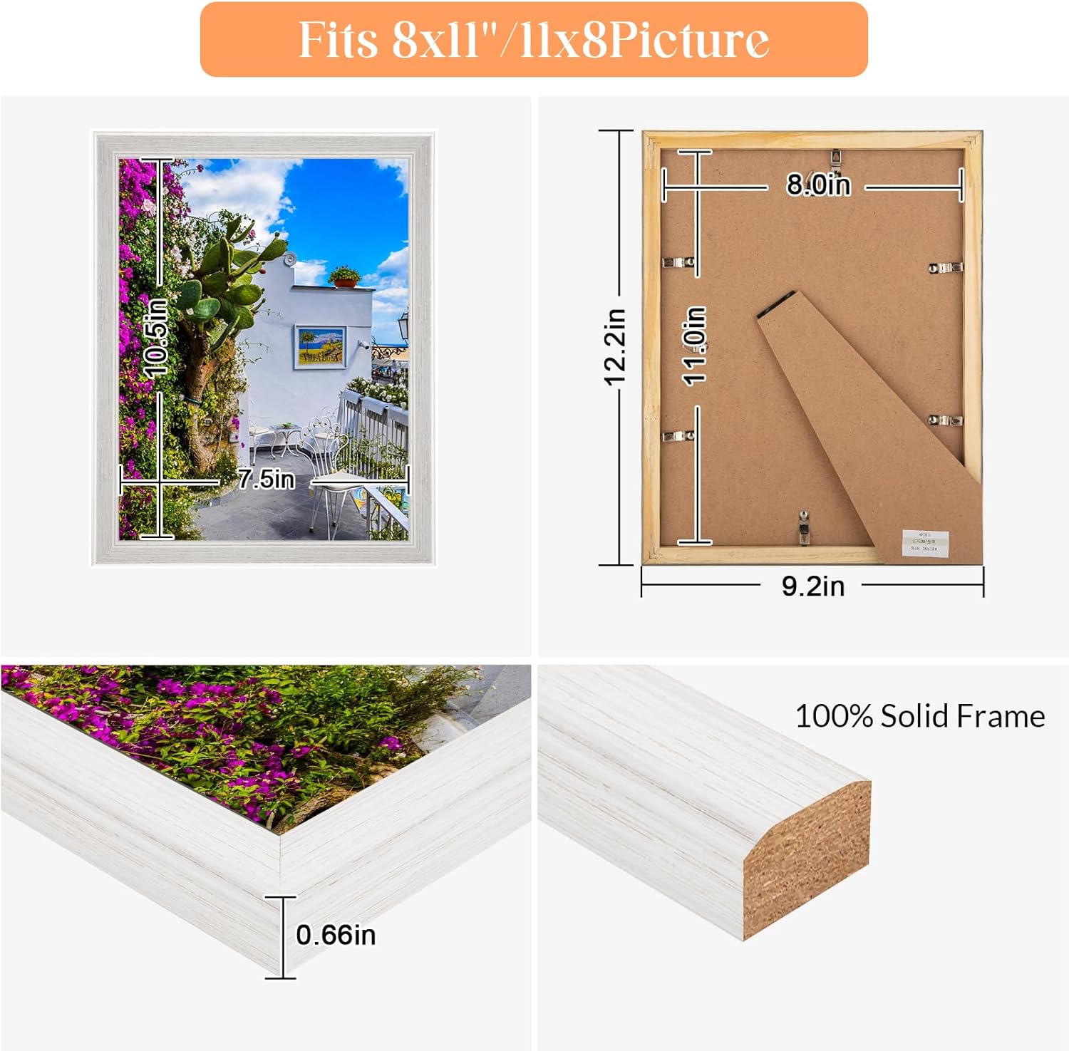 8x11 Wood Frame White, Natural Woodgrain 11x8in Picture Frame, Rustic Wooden 8 x 11 inch Gallery Photo Poster Frame with HD Plexiglass, Horizontal Vertical Wall Mounting Tabletop Display 1Pcs