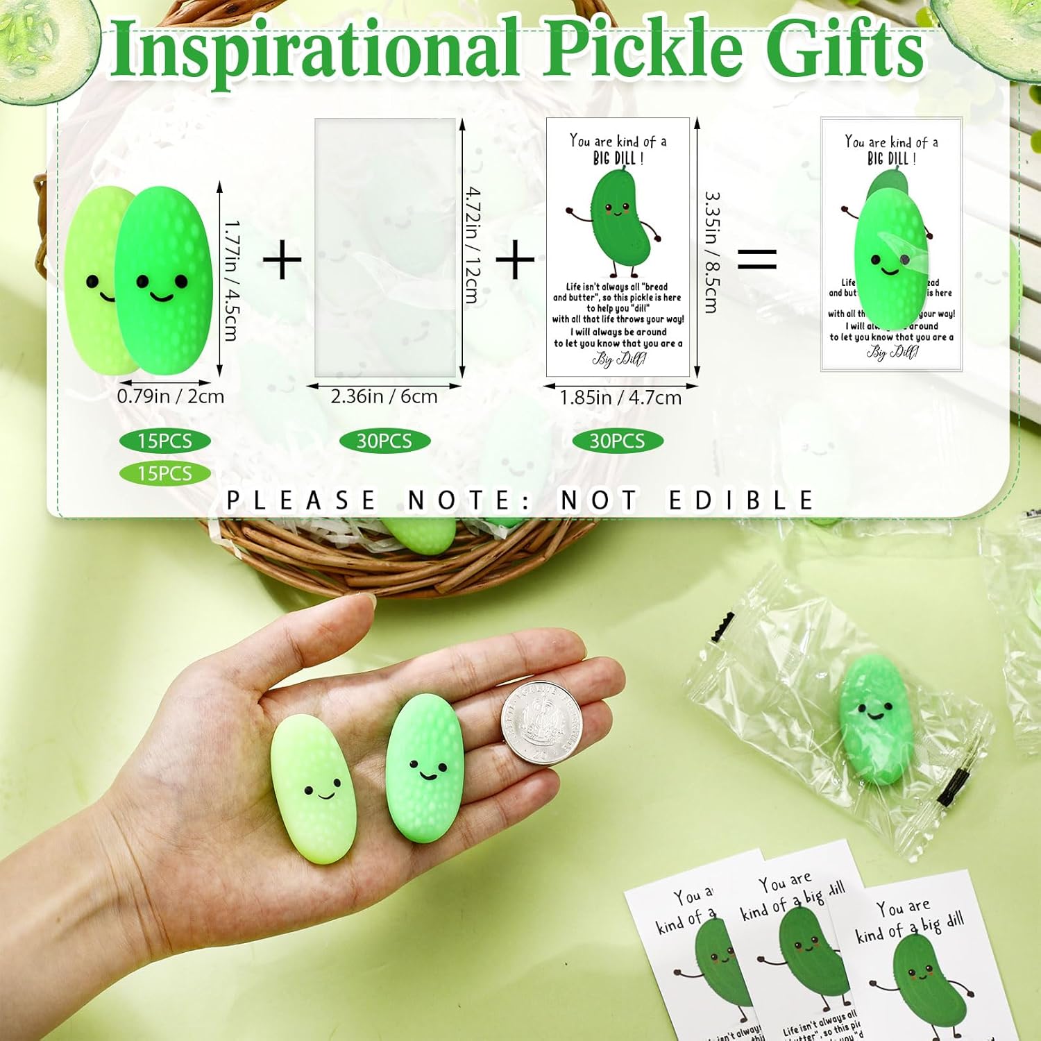 Wettarn 30 Sets Emotional Luminous Pickle Stress Ball Gift Bulk Office Christmas Appreciation Gift Cute Inspirational Pickle Squeeze Mini Stress Relief Ball Positive Card for Coworker Nurse Staff
