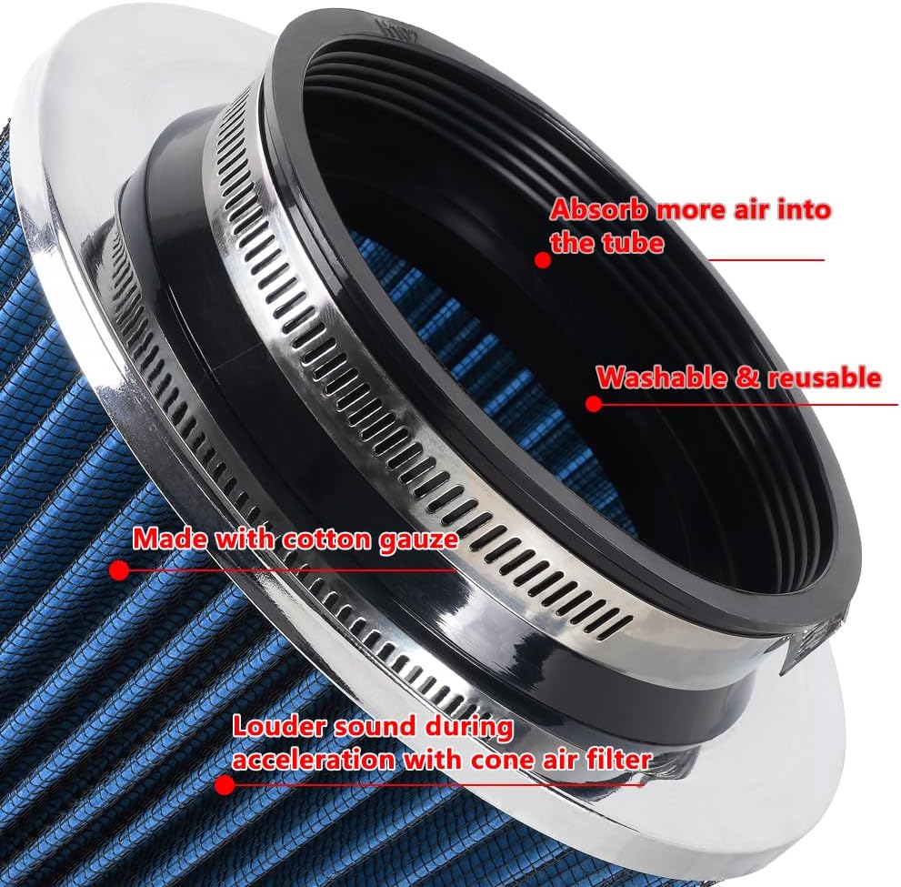 4-Inch Cold Air Intake Filter - Washable, High Performance, 3" or 3-1/2" or 4" Clamp-On Replacement Air Filter Blue