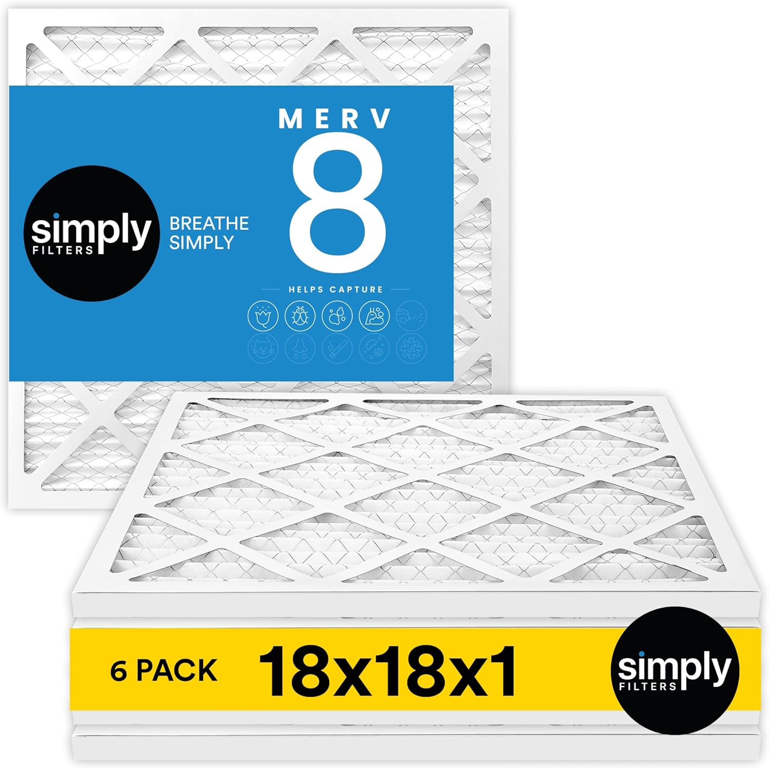 Simply 18x18x1 Air Filter, Merv 8, 6 Pack, For Home AC Furnace & HVAC (Actual Size: 17.75"x17.75"x0.75") DUST, Pet, & Allergy Control