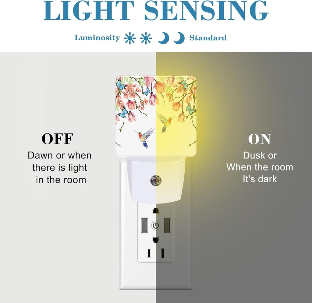 Hummingbirds and Blue Butterflies Night Light Plug into Wall with Dusk to Dawn Sensor Cute Nightlight for Kid Girls Boys Women Men Room Decor, Hallway, Kitchen, Bathroom, Nursery, Stairs