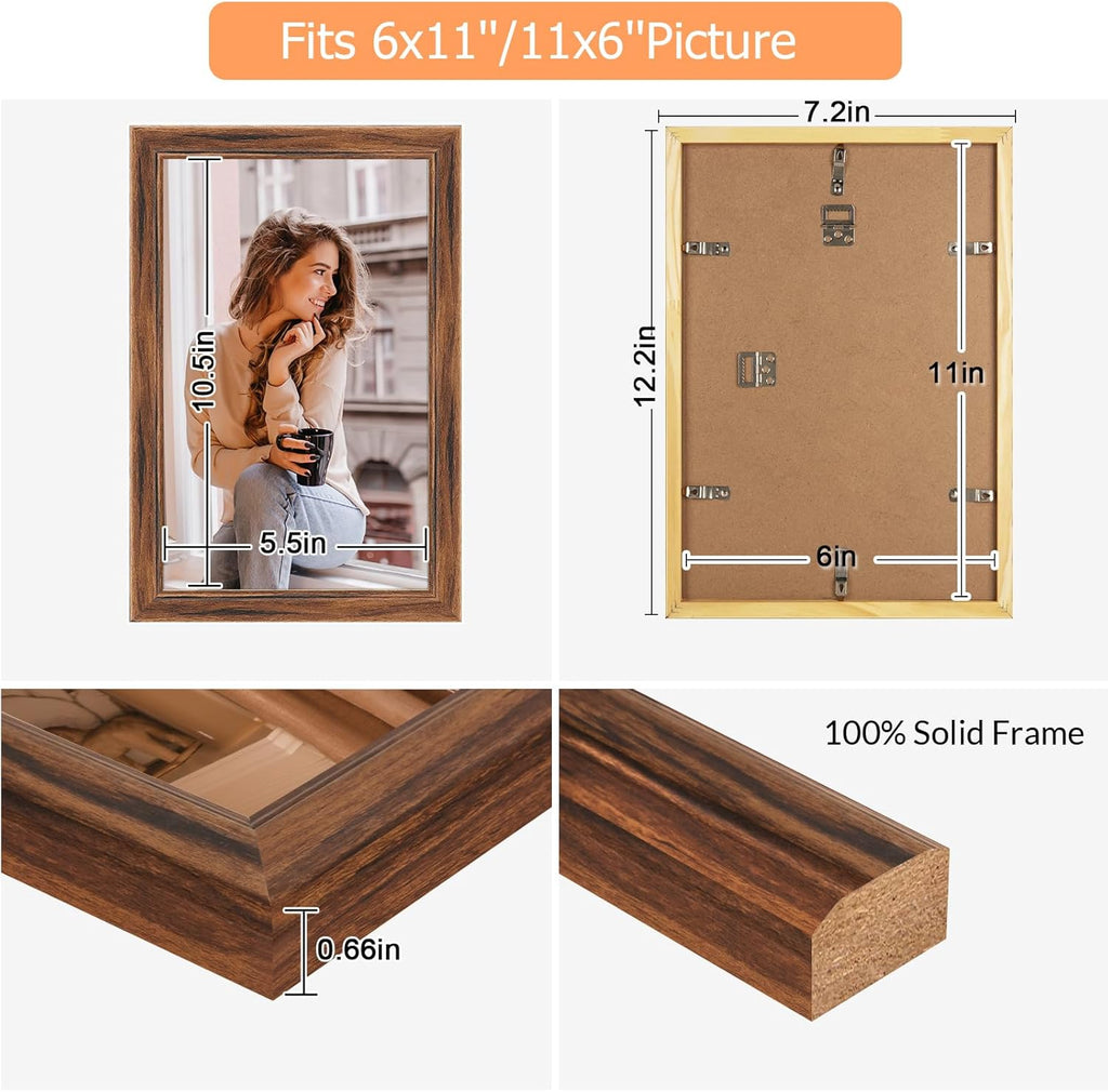 6x11 Wood Frame Brown, Rustic Natural Wooden 11x6in Poster Picture Frame, Distressed 6 x 11inch Woodgrain Gallery Photo Frame with HD Plexiglass, Horizontal Vertical Wall Mounting Display 1pcs