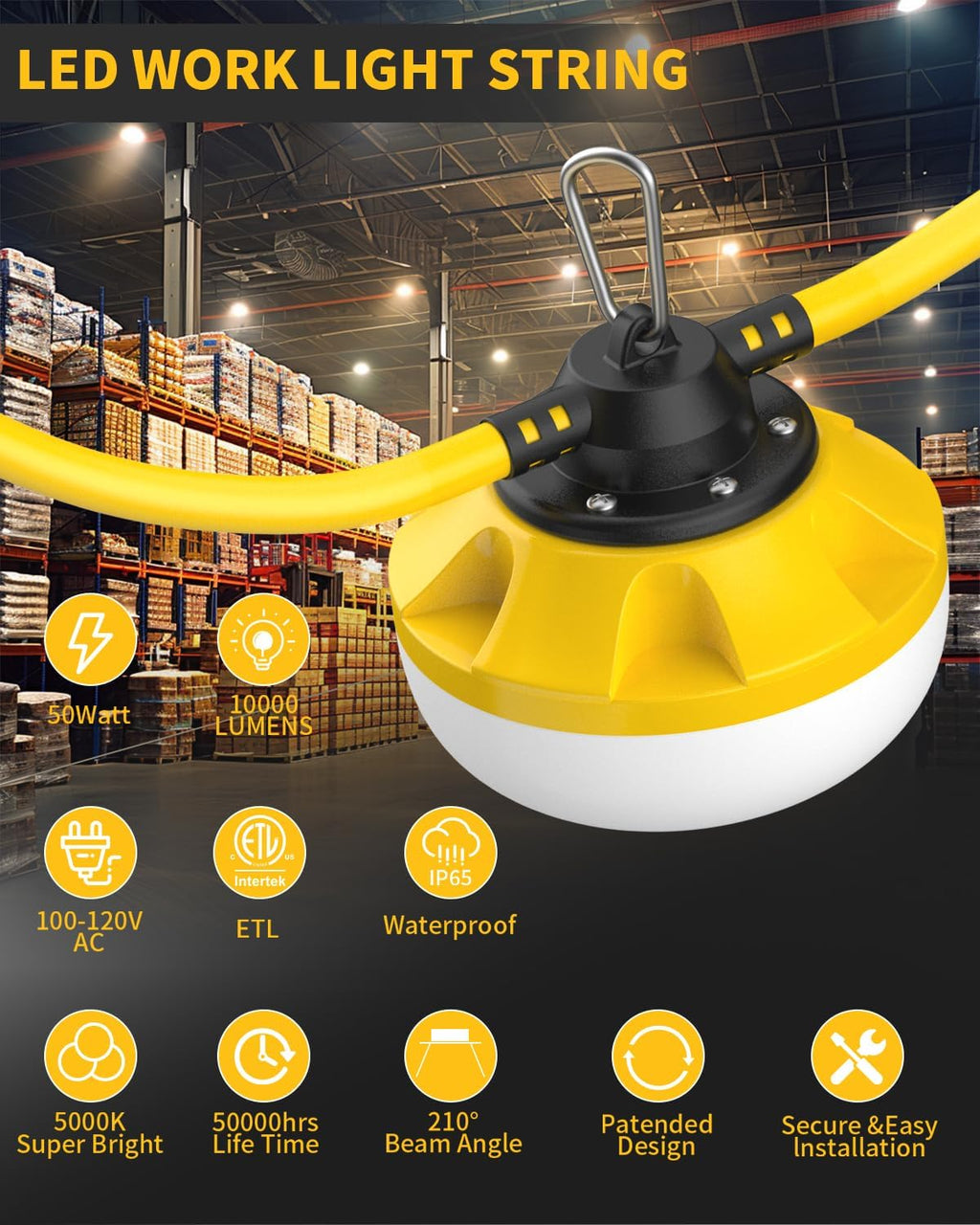 100FT LED Construction String Lights 10 Bulbs,10000LM,Industrial Grade,Weatherproof, Linkable 5000K Super Bright for Job Sites, Mining, Patios & Outdoor Work,Free for Climbing Hook 2Prong