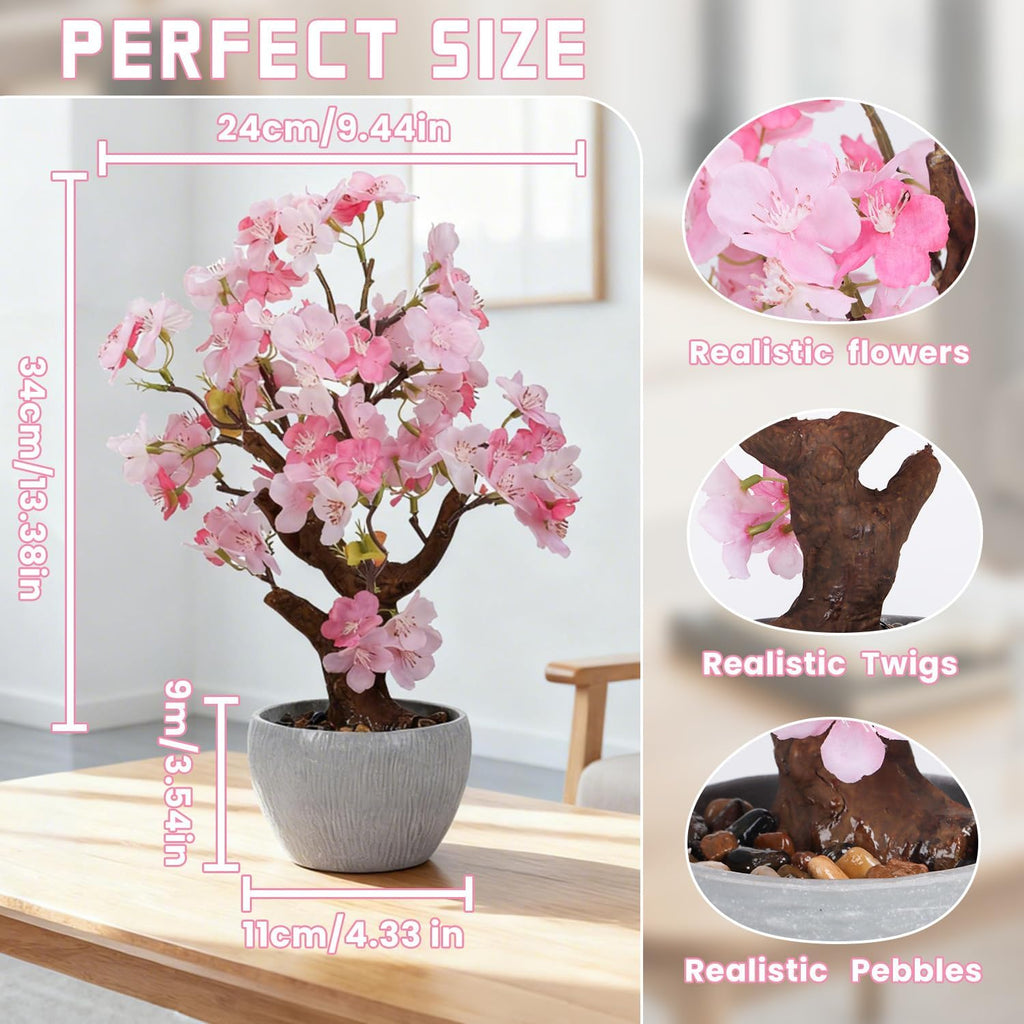 TOARTi Artificial Pink Cherry Blossom Potted Plant with Stone Pot, 13.4" Tall Fake Flowers Faux Plant Desk Decor, Realistic Decorative Plants Indoor Decor for for Home Bedroom Bathroom Office Desk