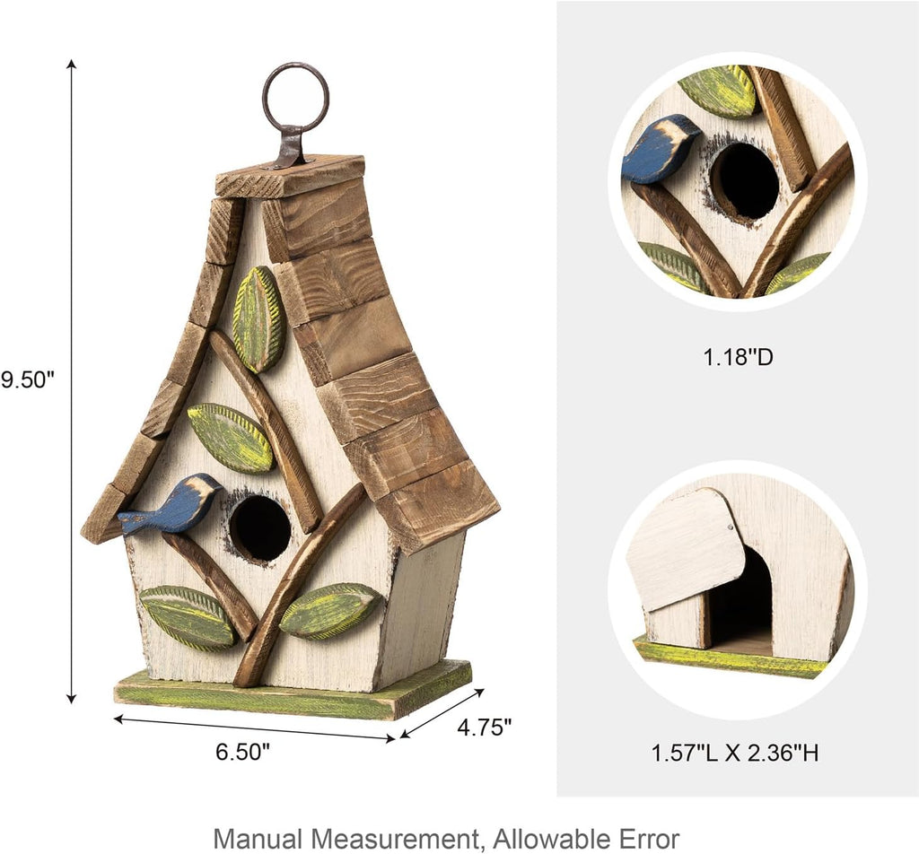 Glitzhome Bird Houses for Outside, 9.5" H Hanging Bird House Distressed Solid Wood Decorative Garden Birdhouse for Outdoors with Natural Wood Pallet Roof and 3D Tree,Washed White