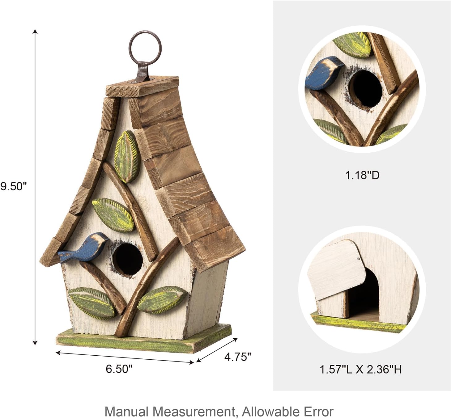Glitzhome Bluebird House for Outside, 9.5" H Distressed Hanging Birdhouse Solid Wood Bird Houses for Outdoor, Decorative Birdhouse with Natural Wood Pallet Roof and 3D Tree for Garden,Washed White