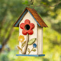 Glitzhome 10.2" H Hanging Bird House for Outdoor Patio Garden Decorative BirdHouse Pet Cottage Wooden Distressed Birdhouse with 3D Flowers, Washed White