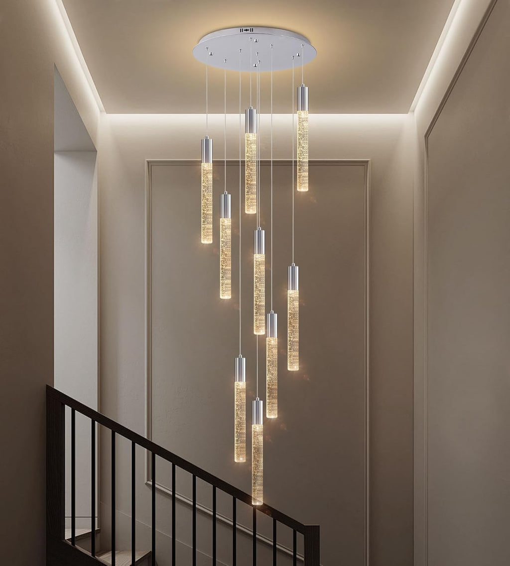 High Ceiling Crystal Chandelier 9-Lights, Spiral Dimmable LED Raindrop Foyer Pendant Light, Bubble Staircase Living Room Hanging Lighting Fixture Chrome