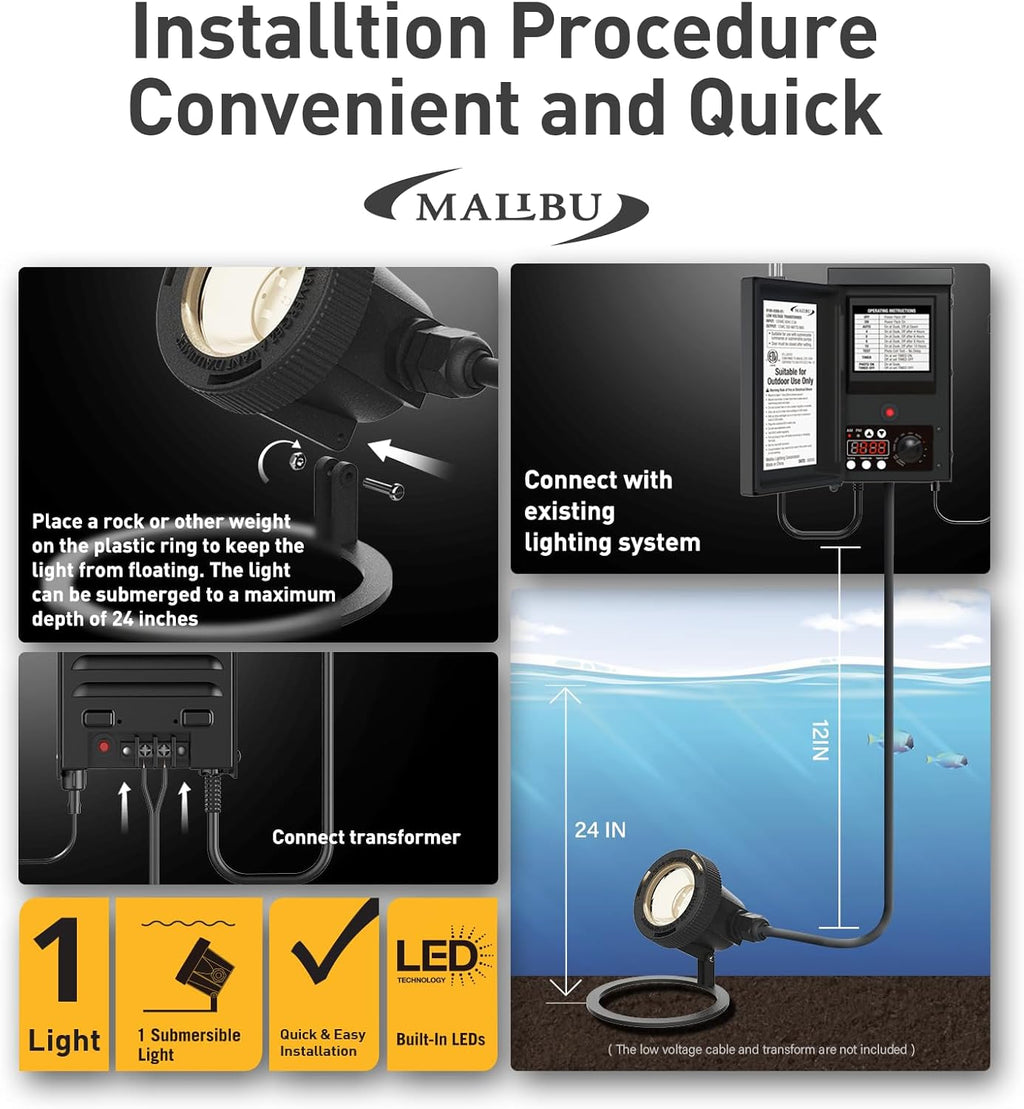 MALIBU Landscape Lighting 5.4W LED Pond Light 12V AC Low Voltage Submersible Lights Underwater 2900K Warm White Waterproof Underwater Lighting for Outdoor Ponds Fountains Waterfalls 1Pack