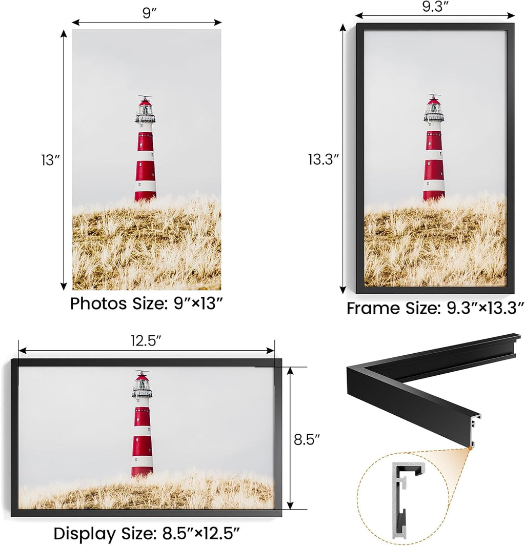 9x13 Aluminum Metal Picture Frame,Tempered Glass Black Photo Frame 9x13 for Family Photo,Posters,Art,Document to Wall Mount Horizontally or Vertically
