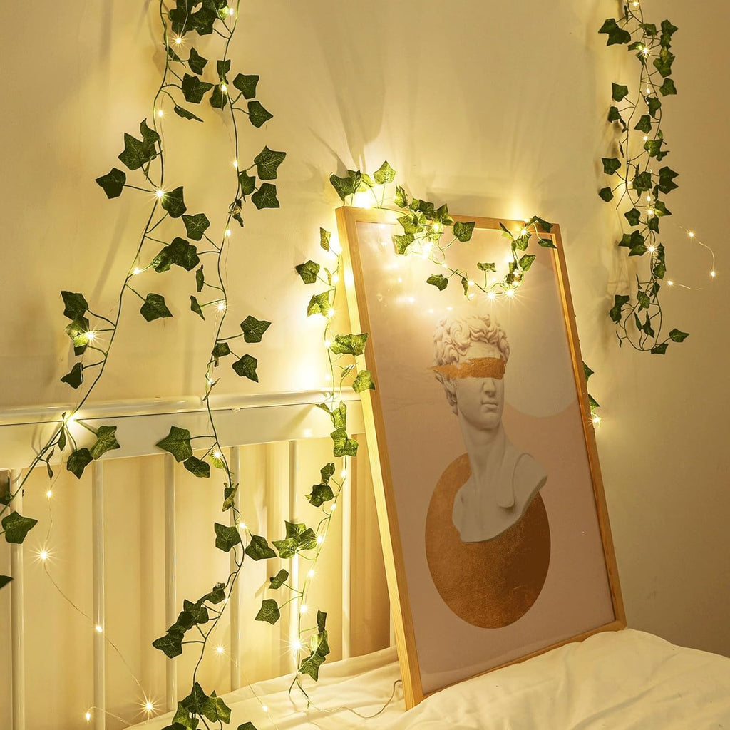 2 Pack 6.56 Ft Vine Lights Green Ivy Vines String Lights Battery Operated, 40 LEDs Battery Powered Artifical Garland Plant Leaves with Light for Bedroom Holiday Patio Decor (Warm White)