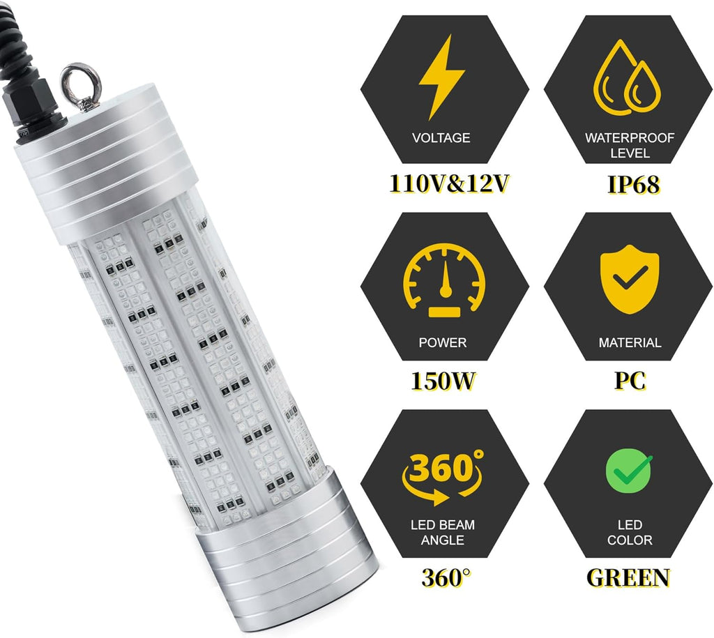 Luckerain Underwater Fishing Light 70W 150W High Bright LED 9000LM 20000LM Submersible Fish Attracting Light for Docks, Boats or Kayaks, Rust-Proof IP68 Waterproof
