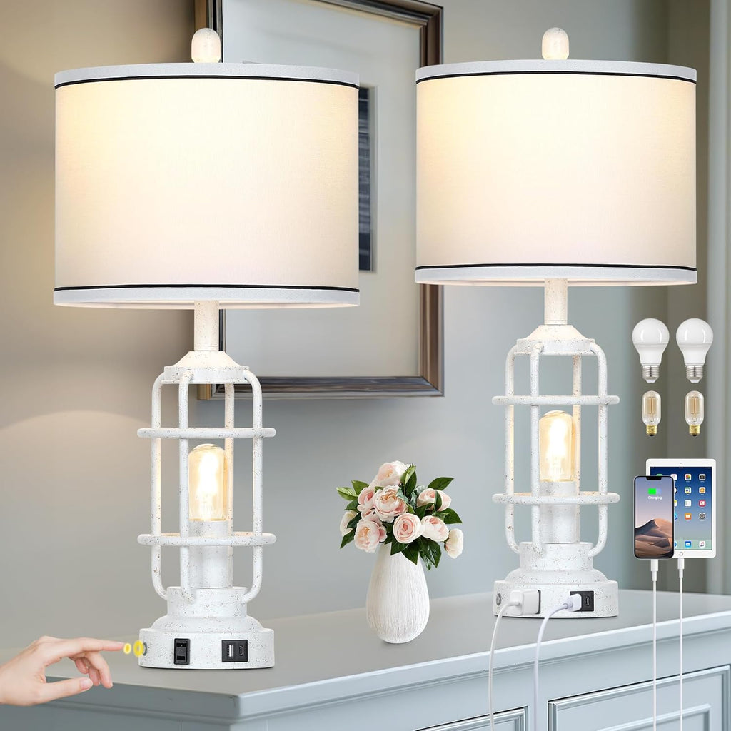 Farmhouse Lamps Set of 2, White Vintage Rustic Industrial Lamps with USB A+C Charging Ports & AC Outlet, 3 Way Dimmable Touch Control Table Lamp with LED Night Light for Living Room Bedrooms Office