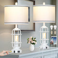 Farmhouse Lamps Set of 2, White Vintage Rustic Industrial Lamps with USB A+C Charging Ports & AC Outlet, 3 Way Dimmable Touch Control Table Lamp with LED Night Light for Living Room Bedrooms Office