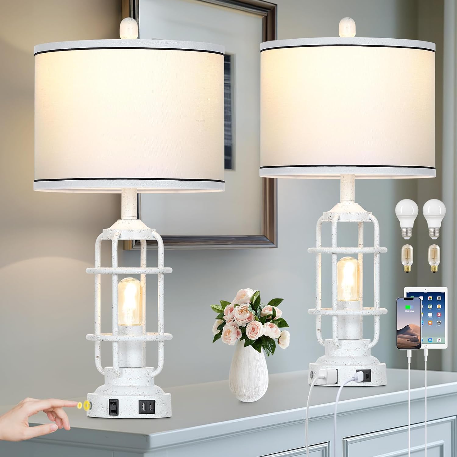Farmhouse Lamps Set of 2, White Vintage Rustic Industrial Lamps with USB A+C Charging Ports & AC Outlet, 3 Way Dimmable Touch Control Table Lamp with LED Night Light for Living Room Bedrooms Office