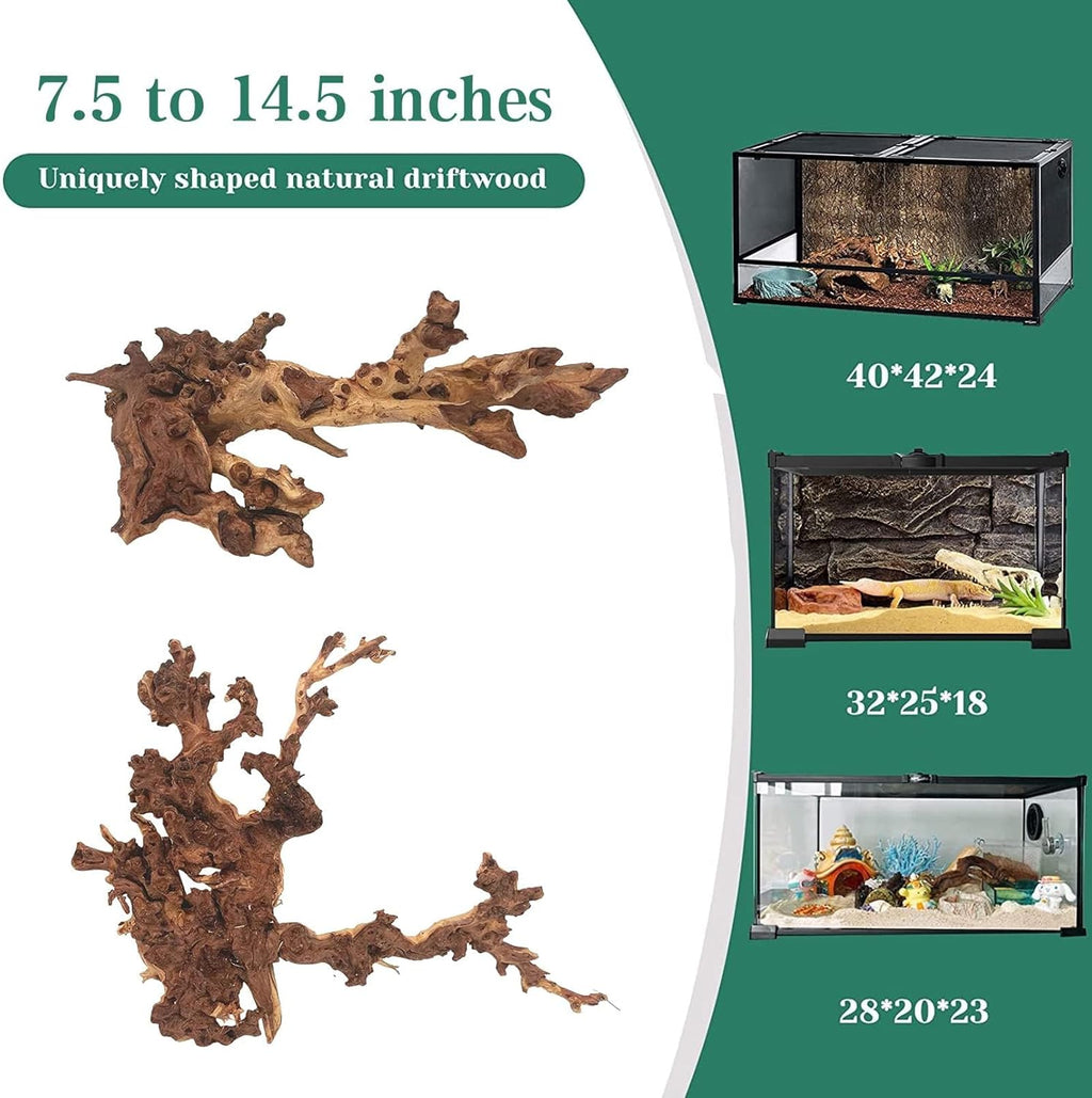 PINVNBY Natural Large Driftwood for Aquarium Fish Tank Decorations, Driftwood for Reptile Tank Bearded Dragon Tank Accessories Terrarium Decor (7.5 to 14.5 inches / 2 Pack)