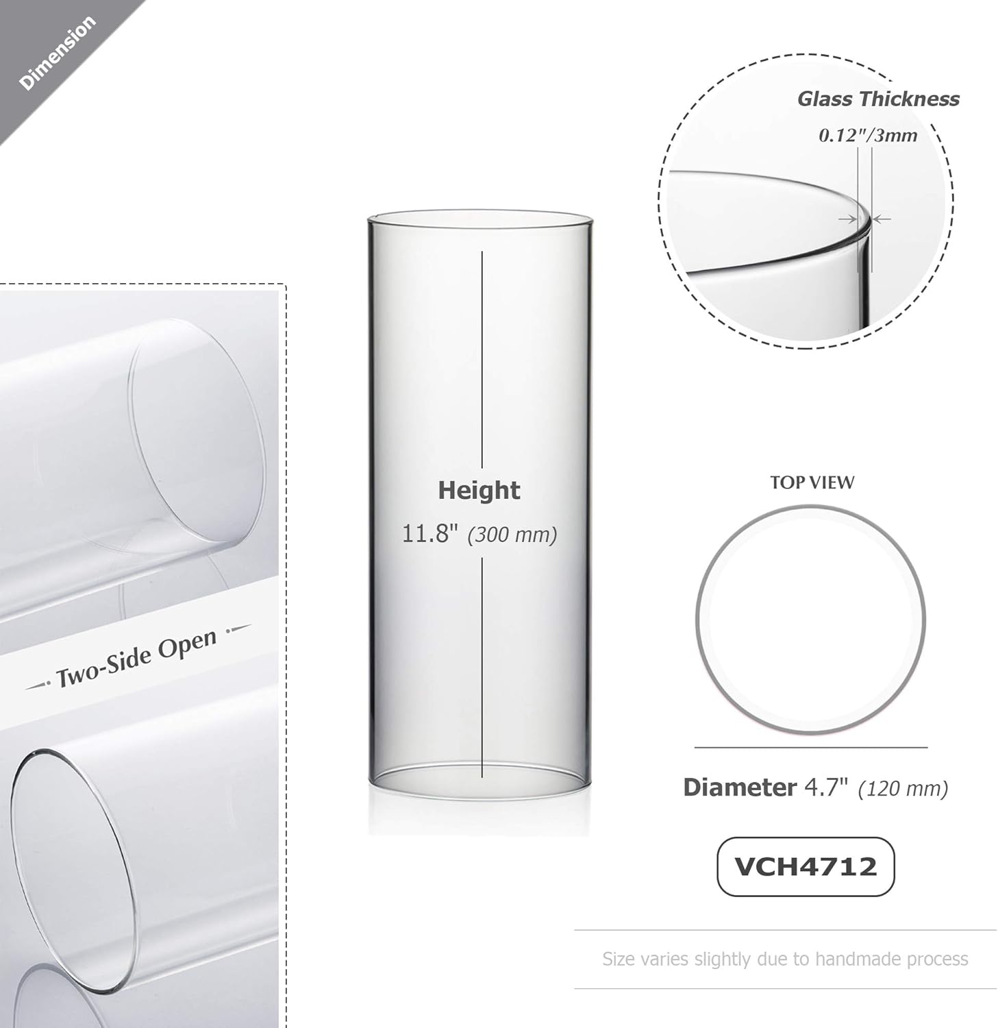 WGVI Hurricane Candle Holder Sleeve, Wide 4.7", Height 12", Clear Glass Cylinder Candleholder, Chimney Tube, Open Ended Candle Shade, 12 Pieces Bulk