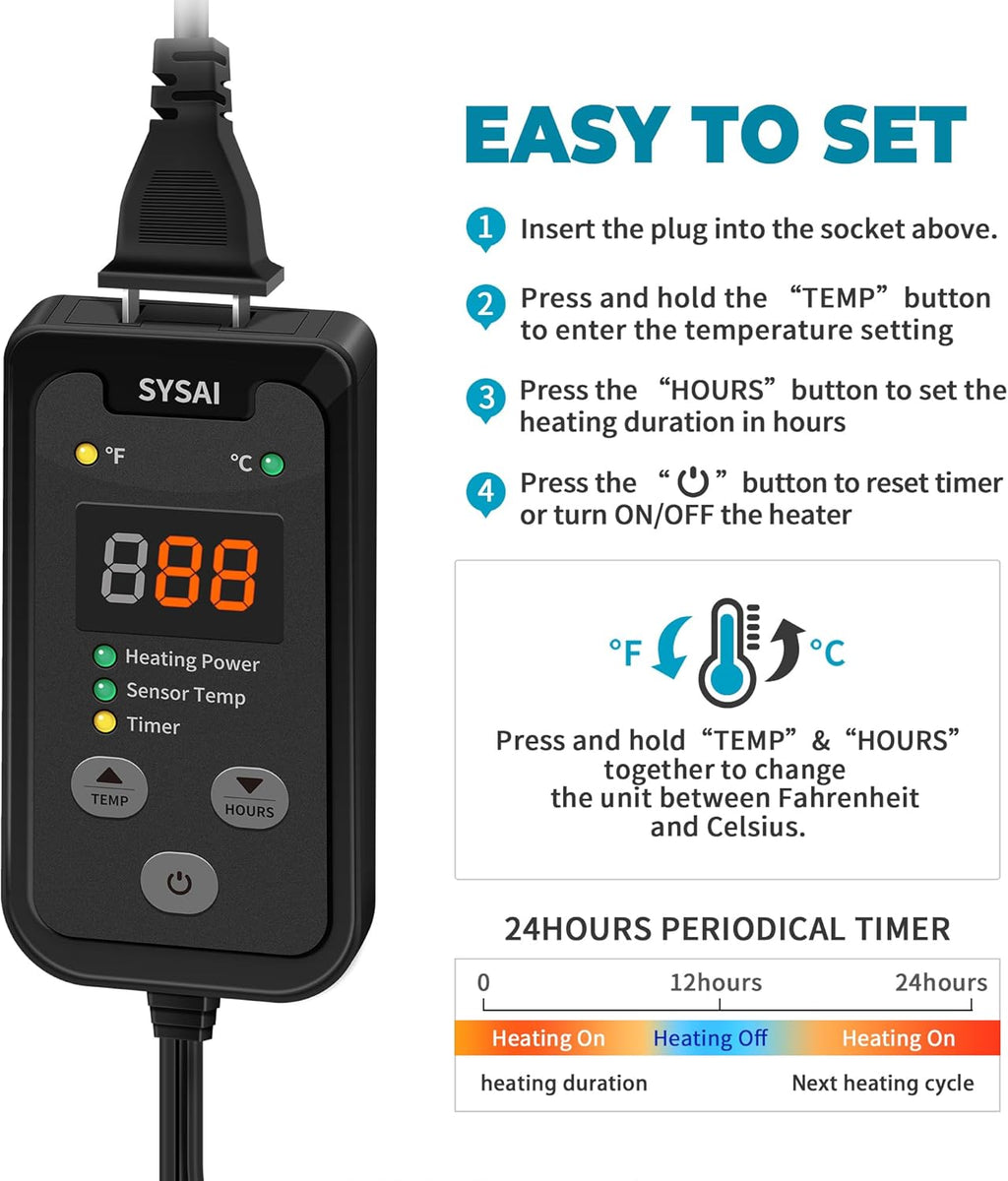 SYSAI Temperature Controller for Reptile Tank, Heat Mat, Seed Germination, Greenhouse, Brooder, Home Brewing, 100W-1A, Digital Thermostat, °F/°C Display, 60-94°F