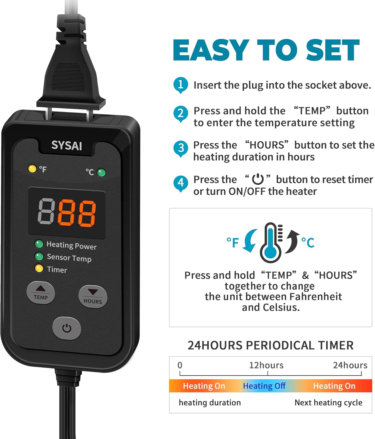 SYSAI Temperature Controller for Reptile Tank, Heat Mat, Seed Germination, Greenhouse, Brooder, Home Brewing, 100W-1A, Digital Thermostat, °F/°C Display, 60-94°F