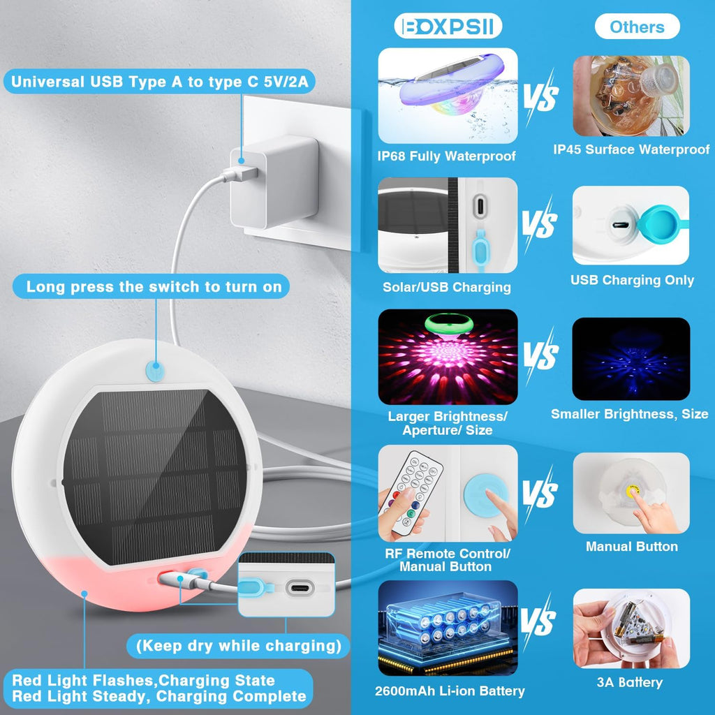 Floating Pool Lights, Solar and USB Rechargeable Pool Lights That Float with Remote, 2600mAh 6.7'' IP68 Waterproof 13 Colors Upper and Lower Glow Hot Tub Light Hangable Solar Light for Garden1 PACK
