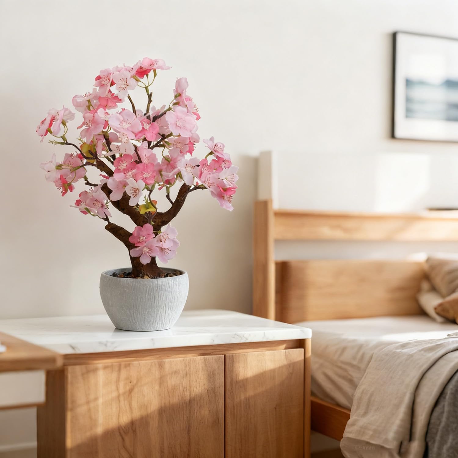 TOARTi Artificial Pink Cherry Blossom Potted Plant with Stone Pot, 13.4" Tall Fake Flowers Faux Plant Desk Decor, Realistic Decorative Plants Indoor Decor for for Home Bedroom Bathroom Office Desk