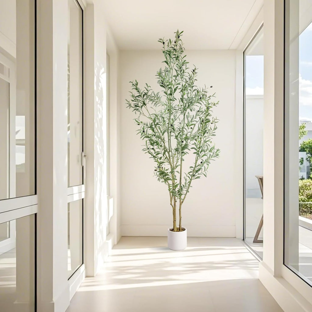 Artificial Fake Olive Tree 7FT Tall 1Pack with White Planter Faux Silk Olive Tree for Home Living Room Office Decor Faux Artificial Plants Indoor with Fruit & Free Moss