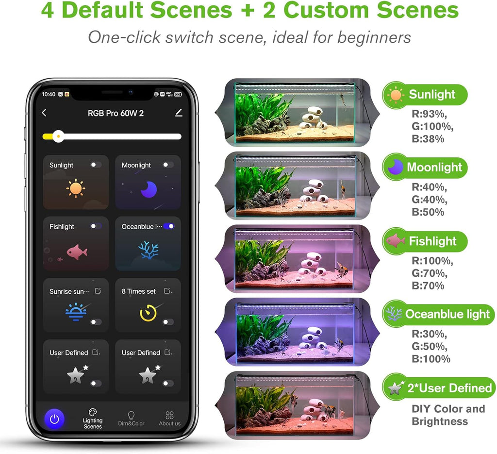 hygger 60W Smart Aquarium Light, Bluetooth LED Light with App Control, Full Spectrum Fish Tank Light with 24/7 Lighting Cycle, 5 Modes, Adjustable Timer, for 48"-55" Freshwater Planted Tank