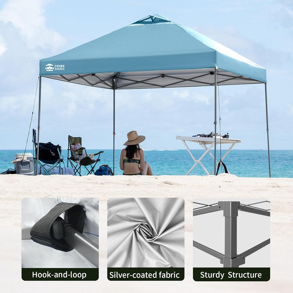 CROWN SHADES Adjustable Height on The Fly, 10x10 Pop Up Canopy - Beach Tent with One Push Setup - Easy Outdoor Sun Shade for Events, Parties, Camping - Outside Shade with STO-N-Go Bag, Cyan Blue