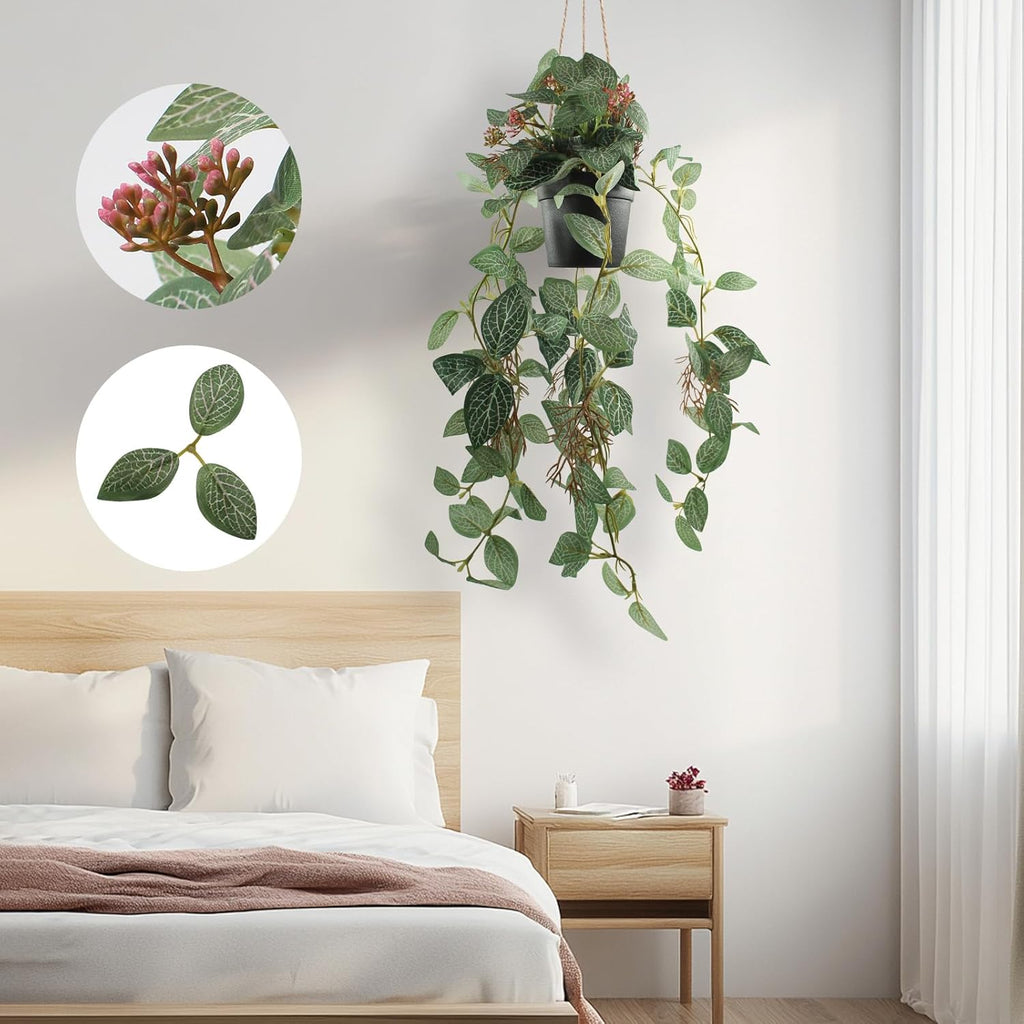 2 Pcs Artificial Hanging Plants Realistic Watermelon Texture with Flower Buds Fake Potting Leaves Faux Peperomia Vine Green Plants for Indoor Outdoor Home Garden Decor