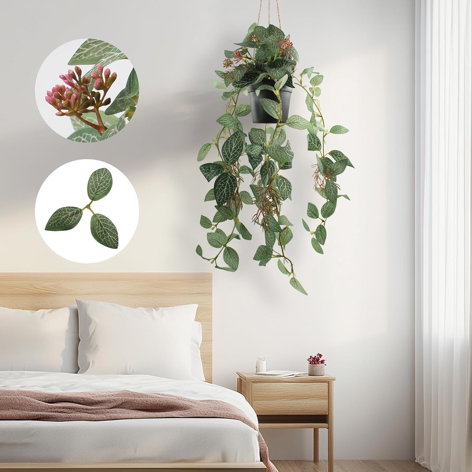 2 Pcs Artificial Hanging Plants Realistic Watermelon Texture with Flower Buds Fake Potting Leaves Faux Peperomia Vine Green Plants for Indoor Outdoor Home Garden Decor