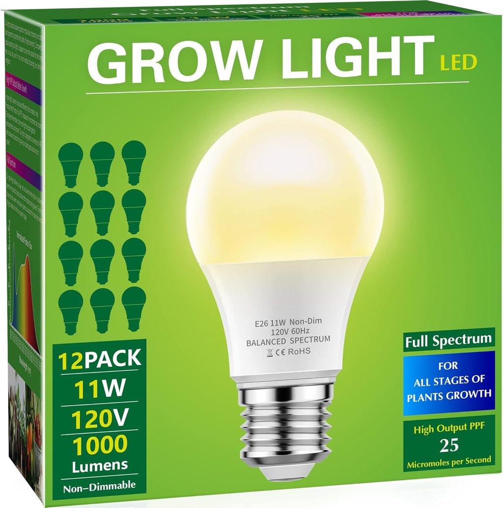 Briignite Grow Light Bulbs, LED Grow Light Bulb A19 Bulb, Full Spectrum Grow Light Bulb, Plant Light Bulbs E26 Base, 11W Grow Bulb 100W Equivalent, Grow Light for Indoor Plants, Seed Starting, 12Pack