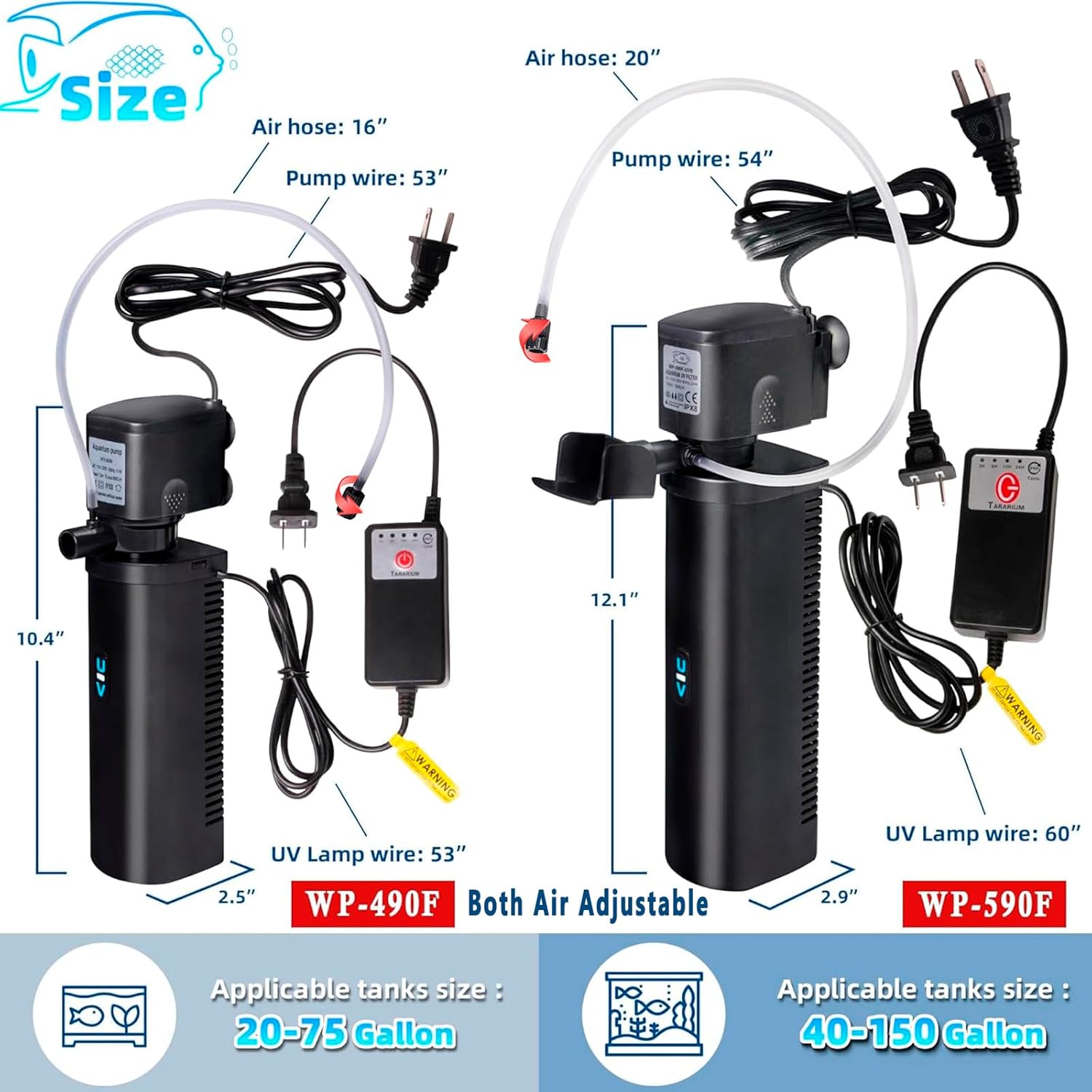 Aquarium Filter U-V w/Scientific 3,6,12,24H Timer 200GPH for 20-75Gal Fish Turtle Tank Bio Sponge Internal Filter Power Pump Deodorization Saltwater Freshwater Killing Green Clean Machine Air Supply