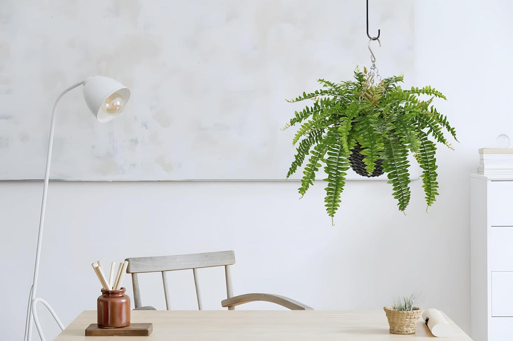 Hollyone 21" Artificial Boston Fern Hanging Basket 31 Leaves Fake Ferns in Rattan Pot Medium Greenery Plants for Outdoors & Indoor Faux Fern Bush Basket Plant Patio Garden Home Decor Green