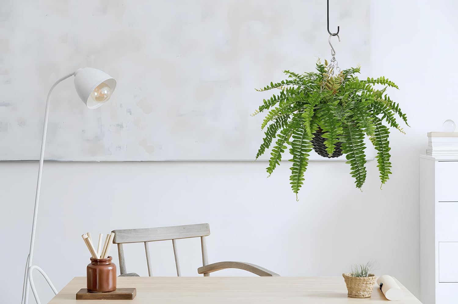 Hollyone 21" Artificial Boston Fern Hanging Basket 31 Leaves Fake Ferns in Rattan Pot Medium Greenery Plants for Outdoors & Indoor Faux Fern Bush Basket Plant Patio Garden Home Decor Green