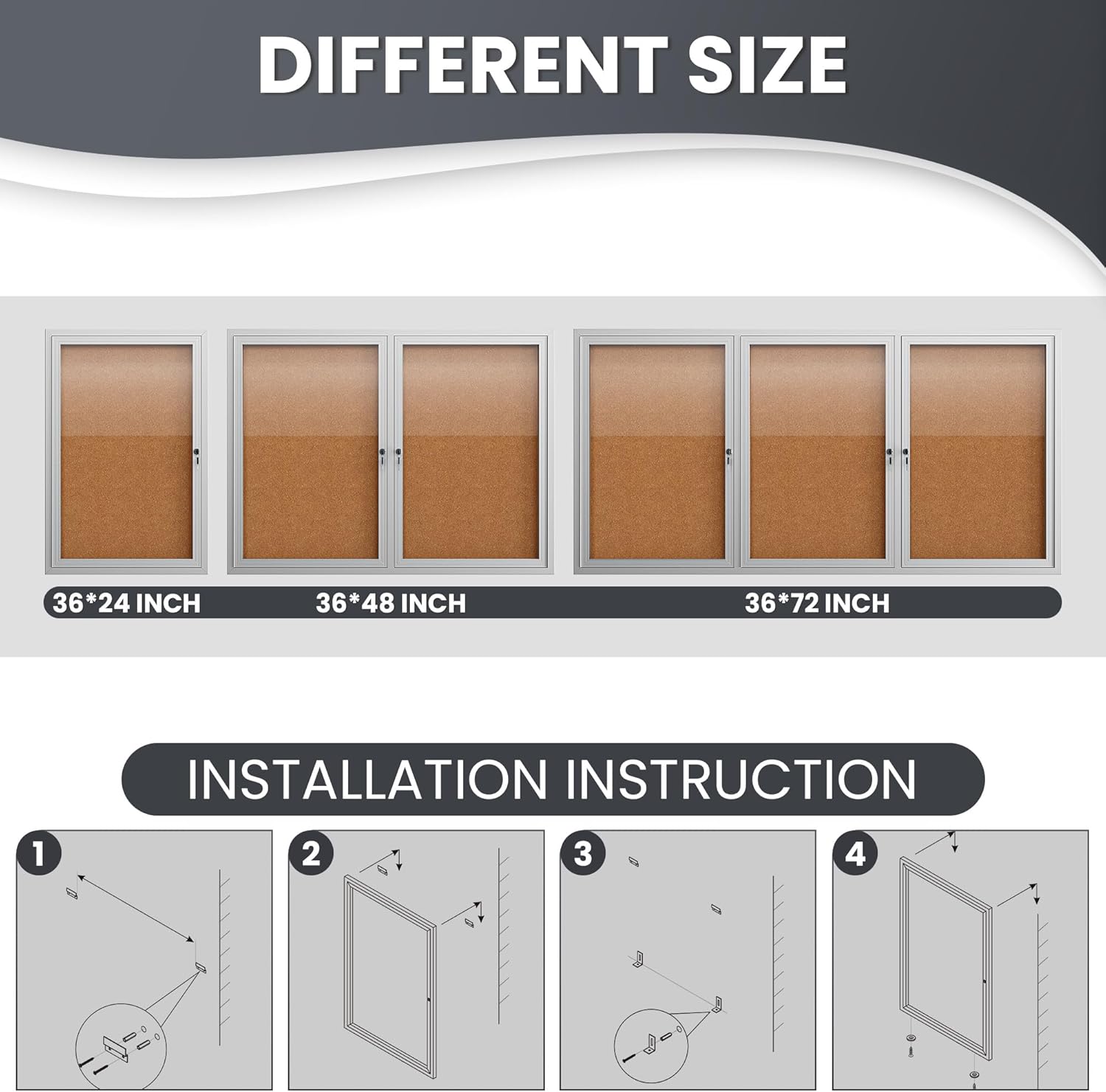36"x24" Lockable Enclosed Bulletin Board, Outdoor Cork Weather-Resistant Aluminum Frame Notice Board, Wall Mounted Display Case Acrylic Doors for School,Office,Silver Frame w/Cork