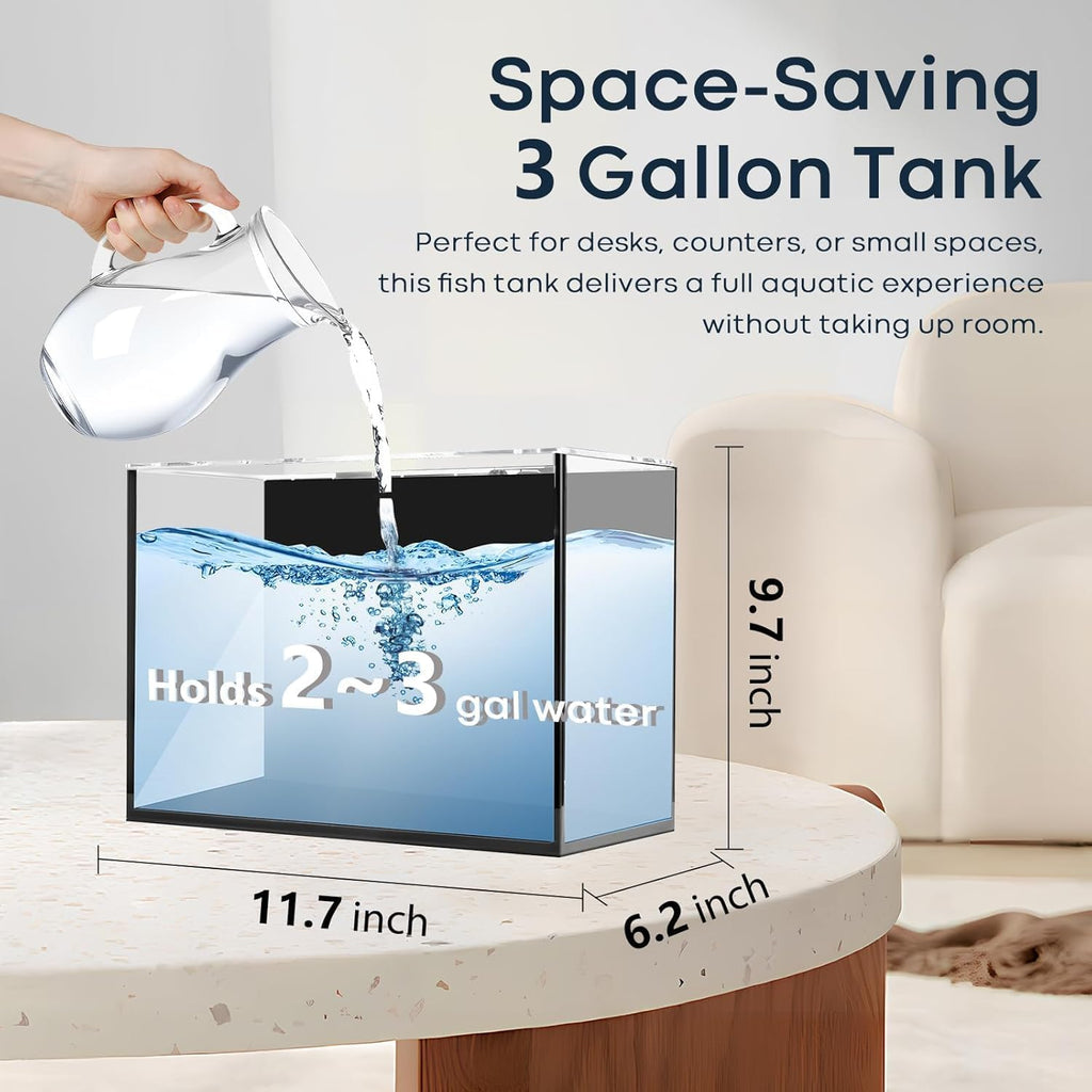 3 Gallon Small Fish Tank Glass Aquarium Set, Starter Kit with Heater Water Pump Cleaning Filter Bright Light Rocks Gravel Cleaning Tool, Leak-Proof Clear Rimless Desktop Spaces Saving Betta Fish