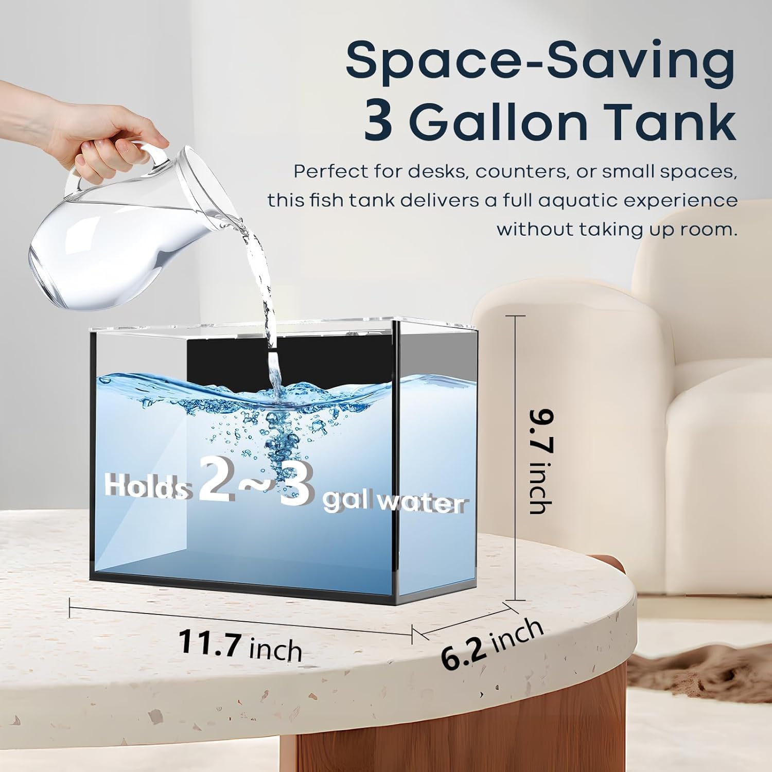 3 Gallon Small Fish Tank Glass Aquarium Set, Starter Kit with Heater Water Pump Cleaning Filter Bright Light Rocks Gravel Cleaning Tool, Leak-Proof Clear Rimless Desktop Spaces Saving Betta Fish