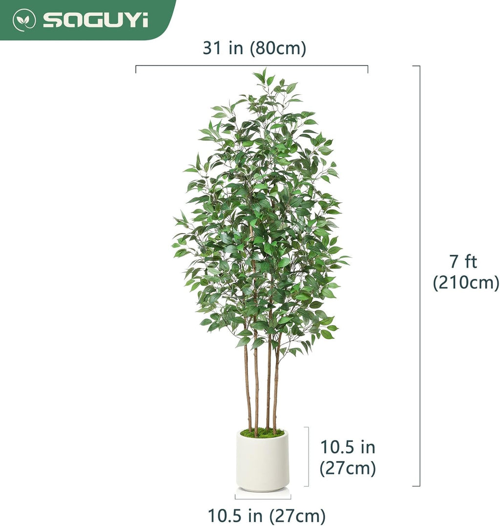 Ficus Artificial Tree 7ft Fake Silk Plant for Home Decor Indoor, Faux Tree in White Imitation Ceramic Planter Fake Floor Plant for Living Room and Home Office Corner Indoor Decor, Set of 1